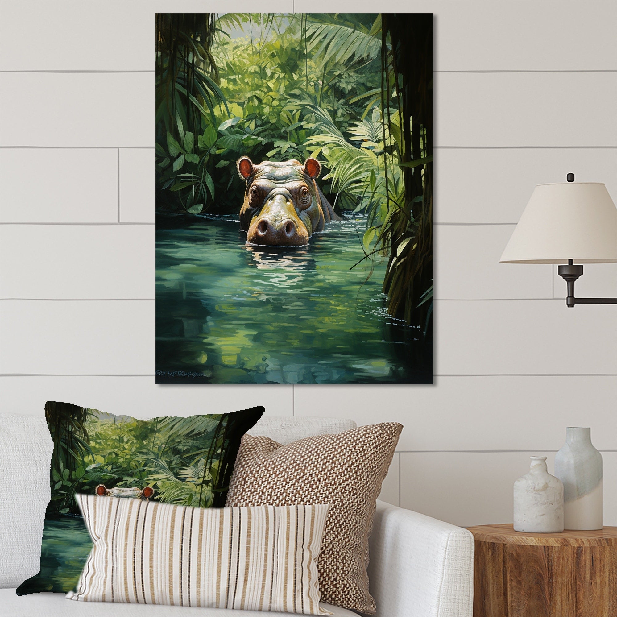 Designart Hippo Secret Hideaway I Hippopotamusmetal Wall Art - Green Metal Wall Décor Modern Metal Art Work