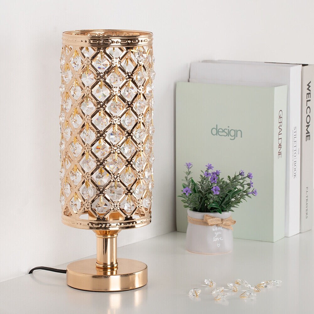 Crystal Vintage Gold Table Lamp with Clear Crystal Beads Metal Base