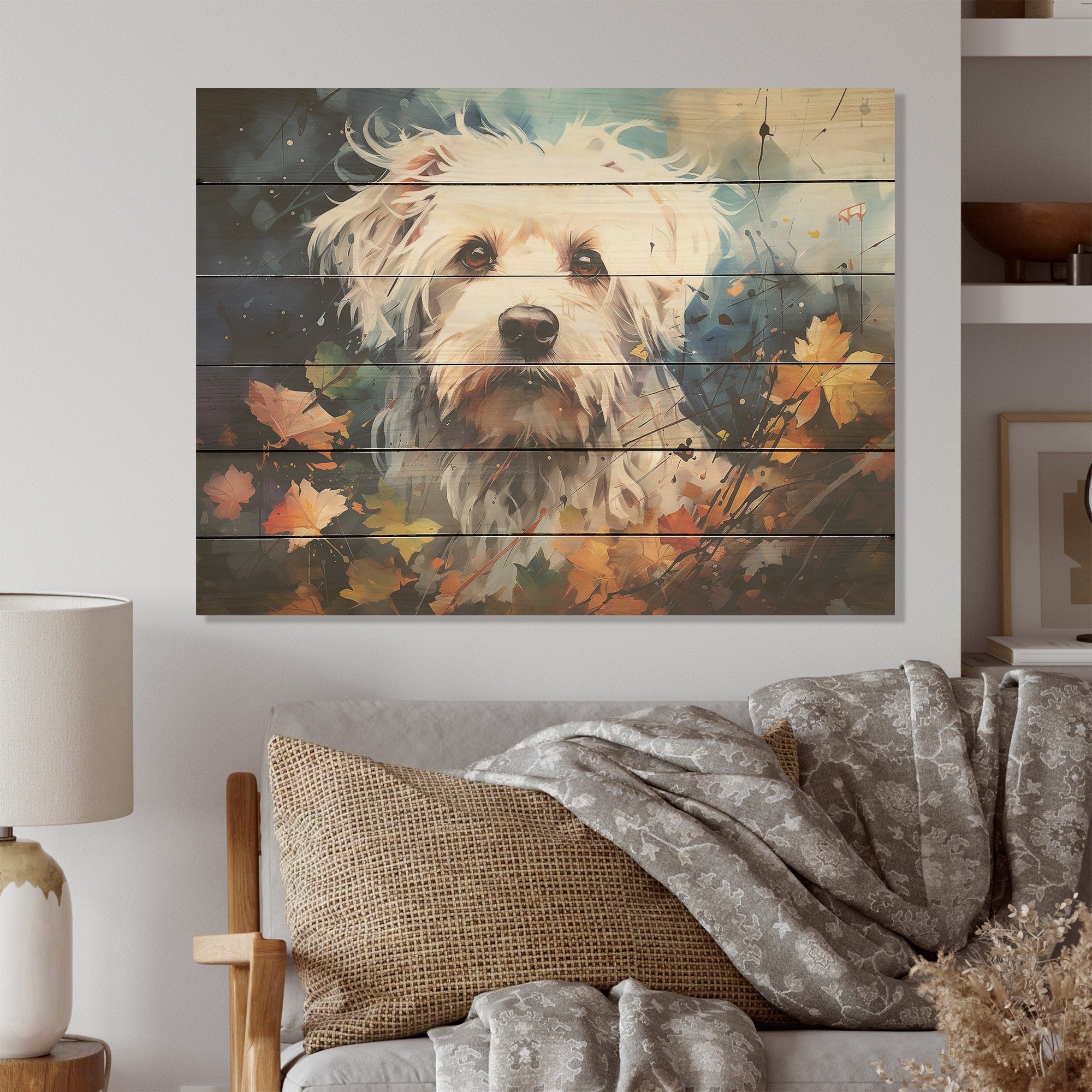 Designart Popart Maltese Magic Dog Wood Wall Decor - Modern White Wood Panel On Natural Pine Wood