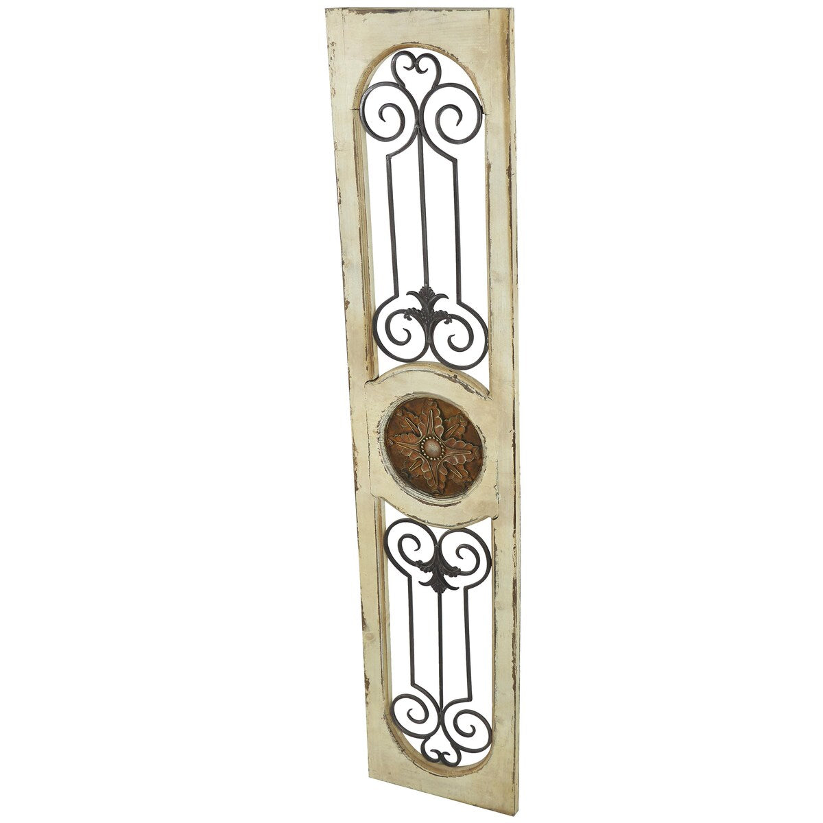 Wood Scroll Distressed Door Inspired Ornamental Home Wall Decor with Metal Wire Details - White - Roche River Decor