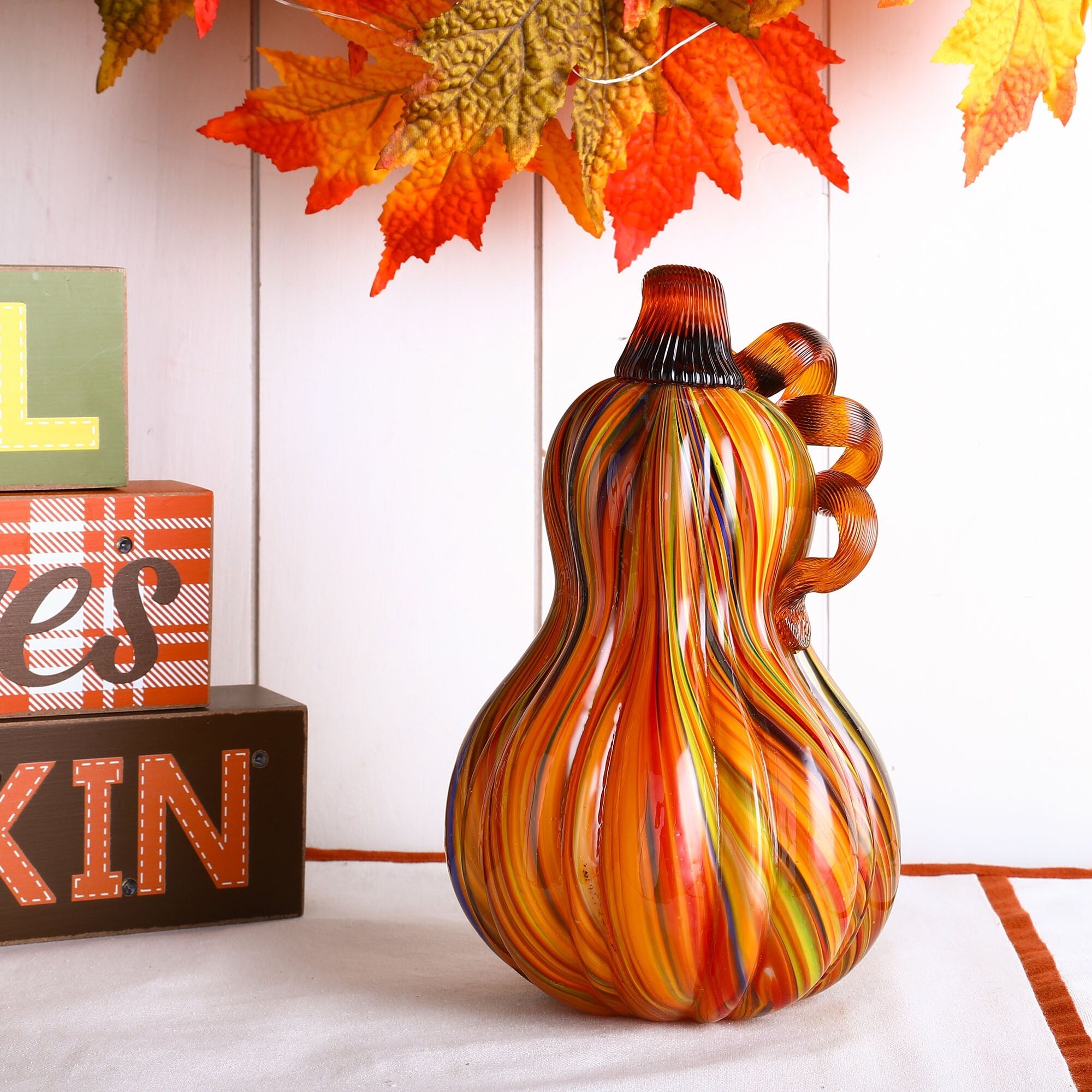 Glitzhome Handblown Multi Striped Fall Harvest Glass Pumpkins Thanksgiving Gift