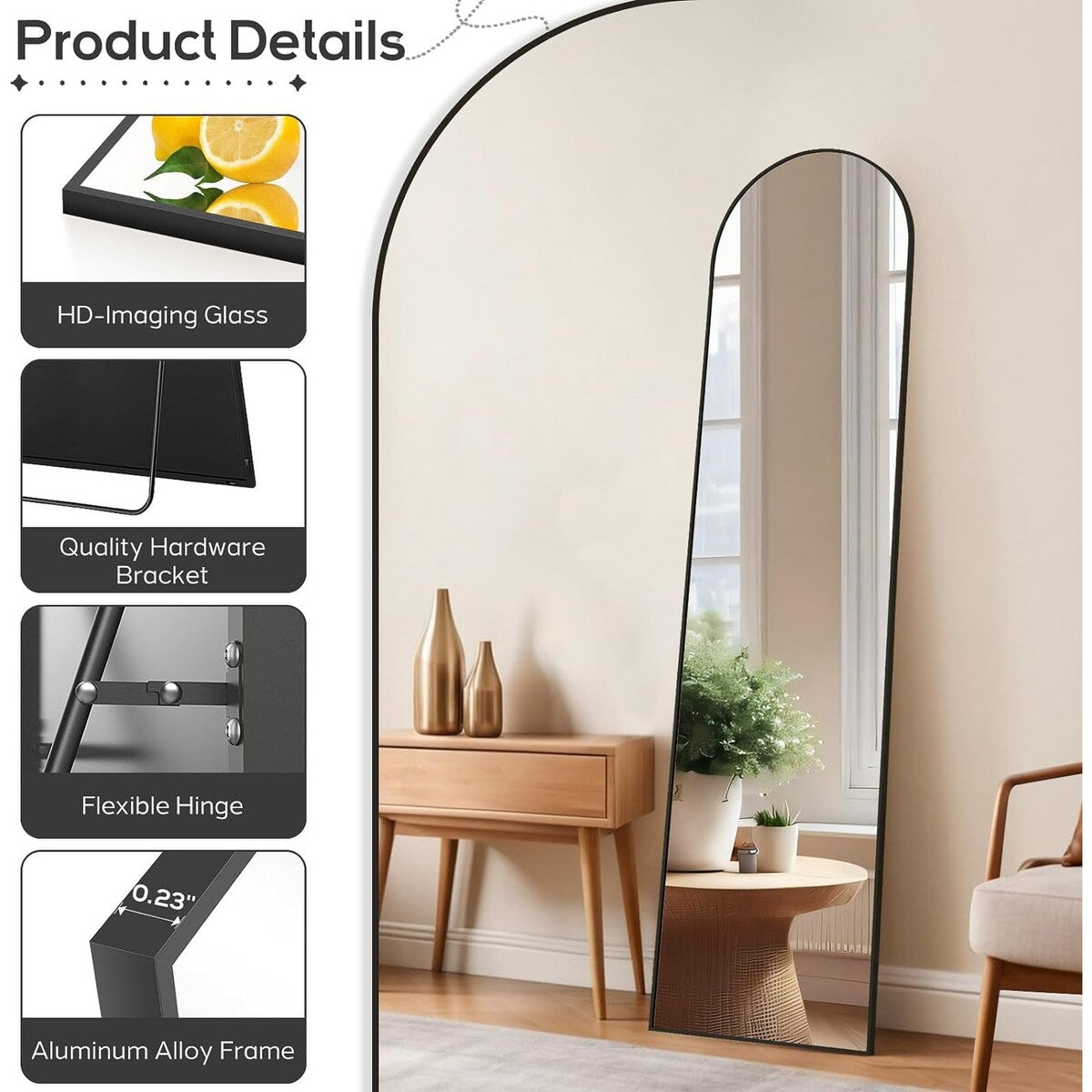 Full Length Mirror with Stand, Floor Mirror with Aluminum Alloy Frame for Bedroom, Standing Full Body Mirror for Wall, Cloakroom