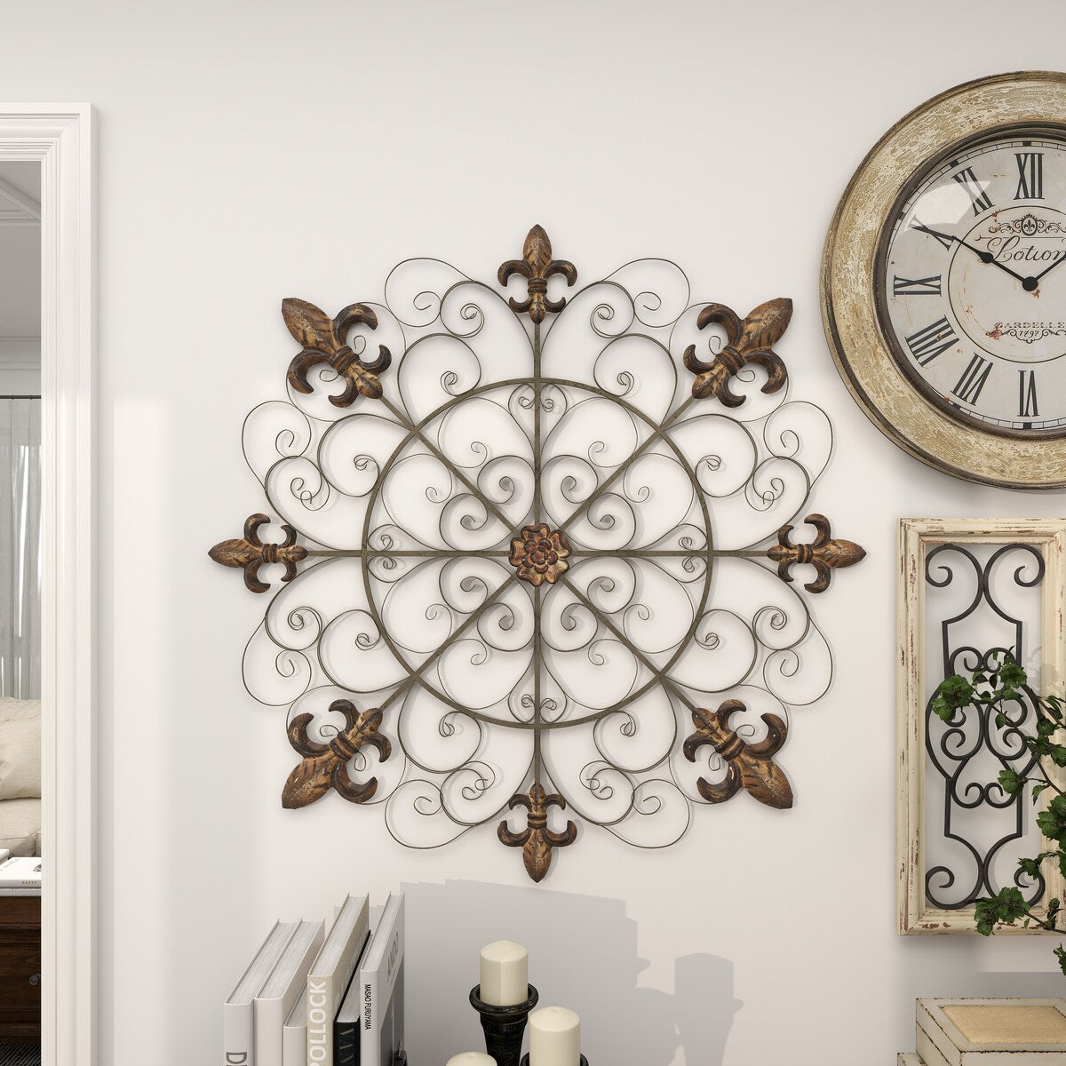 Metal Fleur De Lis Medallion Home Wall Decor with Detailed Scrollwork - Brown - Roche River Decor