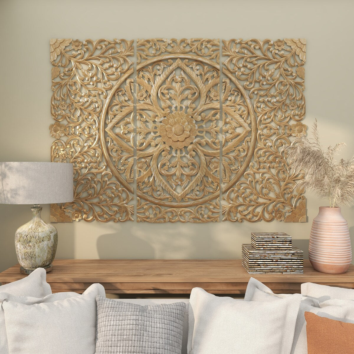 Wood Floral Handmade Intricately Carved Home Wall Decor with Mandala Design - Set of 3 Gold - Roche River Decor