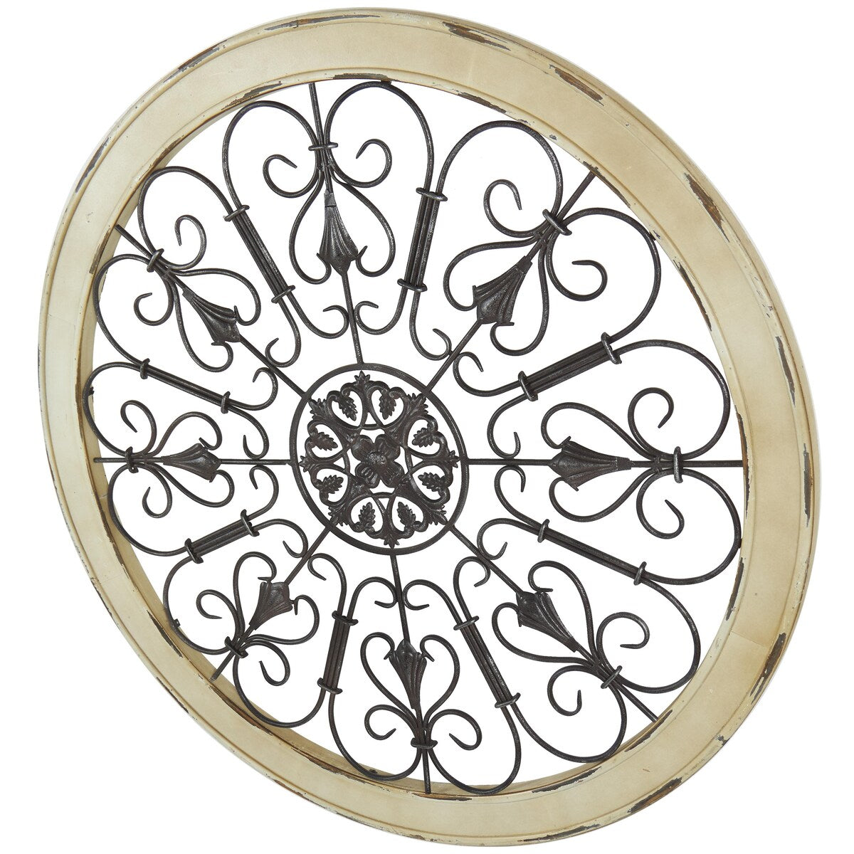 Wood Scroll Window Inspired Home Wall Decor with Metal Scrollwork Relief - White - Roche River Decor