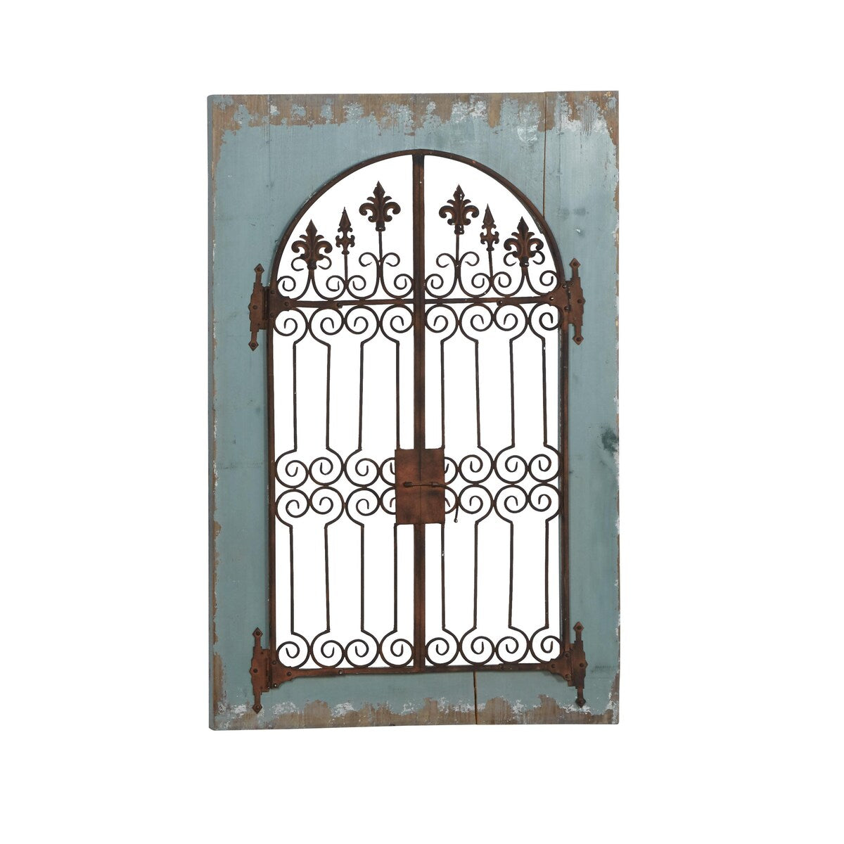 Wood Fleur De Lis Arched Windowpane Home Wall Decor with Rust Metal Scrolled Gate - Blue - Roche River Decor