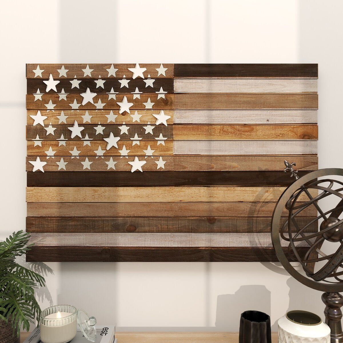 Wood American Flag Handmade Washed Home Wall Decor with Slatted Panels and Cream Stars - Brown - Roche River Decor