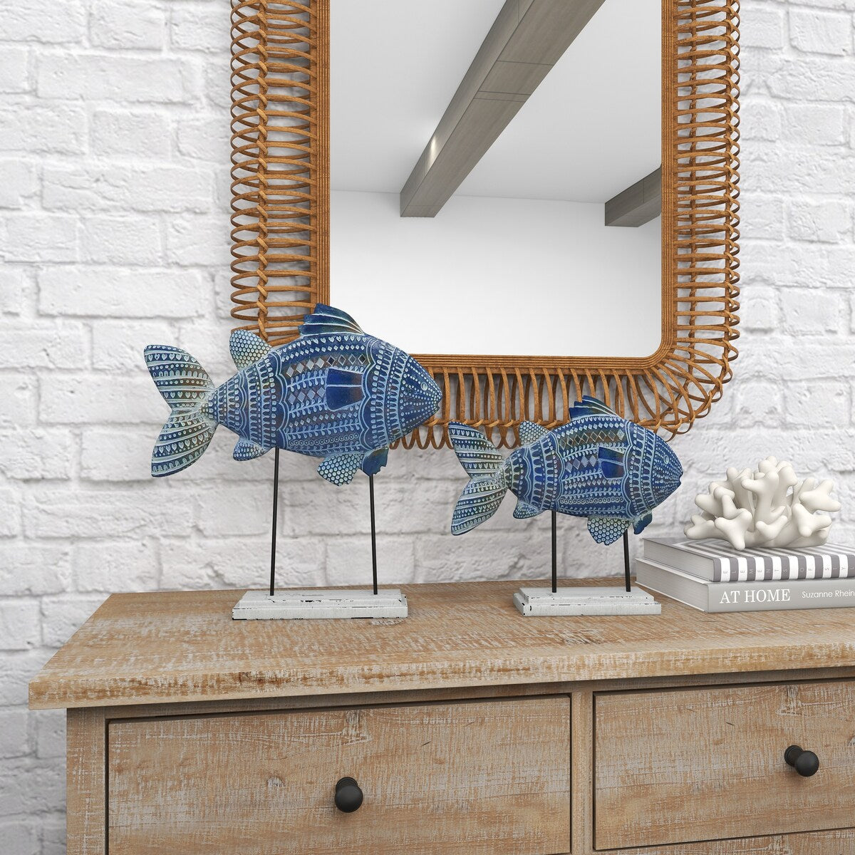 Polystone Fish Tribal Patterned Decorative Sculpture with White Carvings and Mirrored Accent - Set of 2 Blue - Roche River Decor