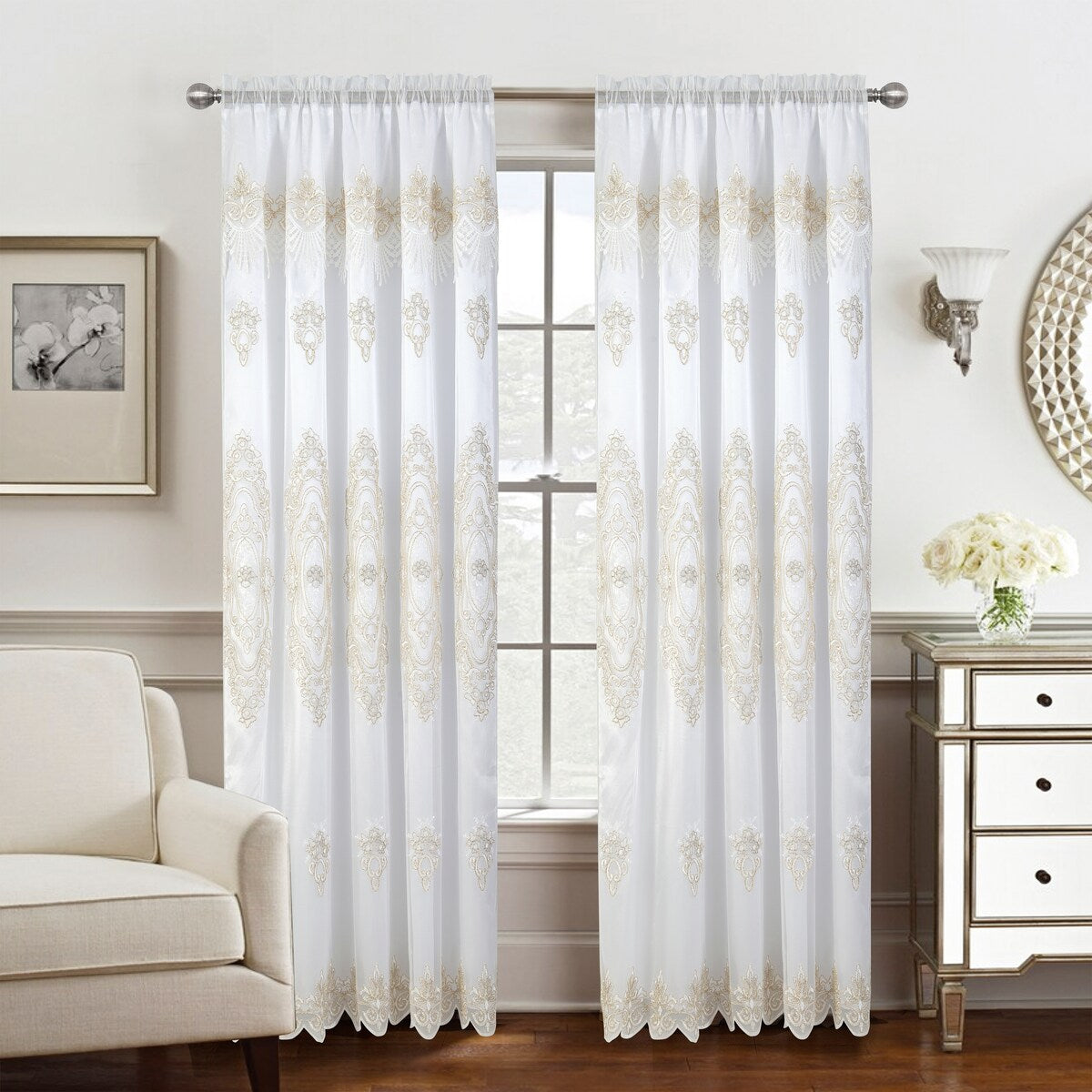 Dayton Embroidered Window Curtain Panel with Attached Valance