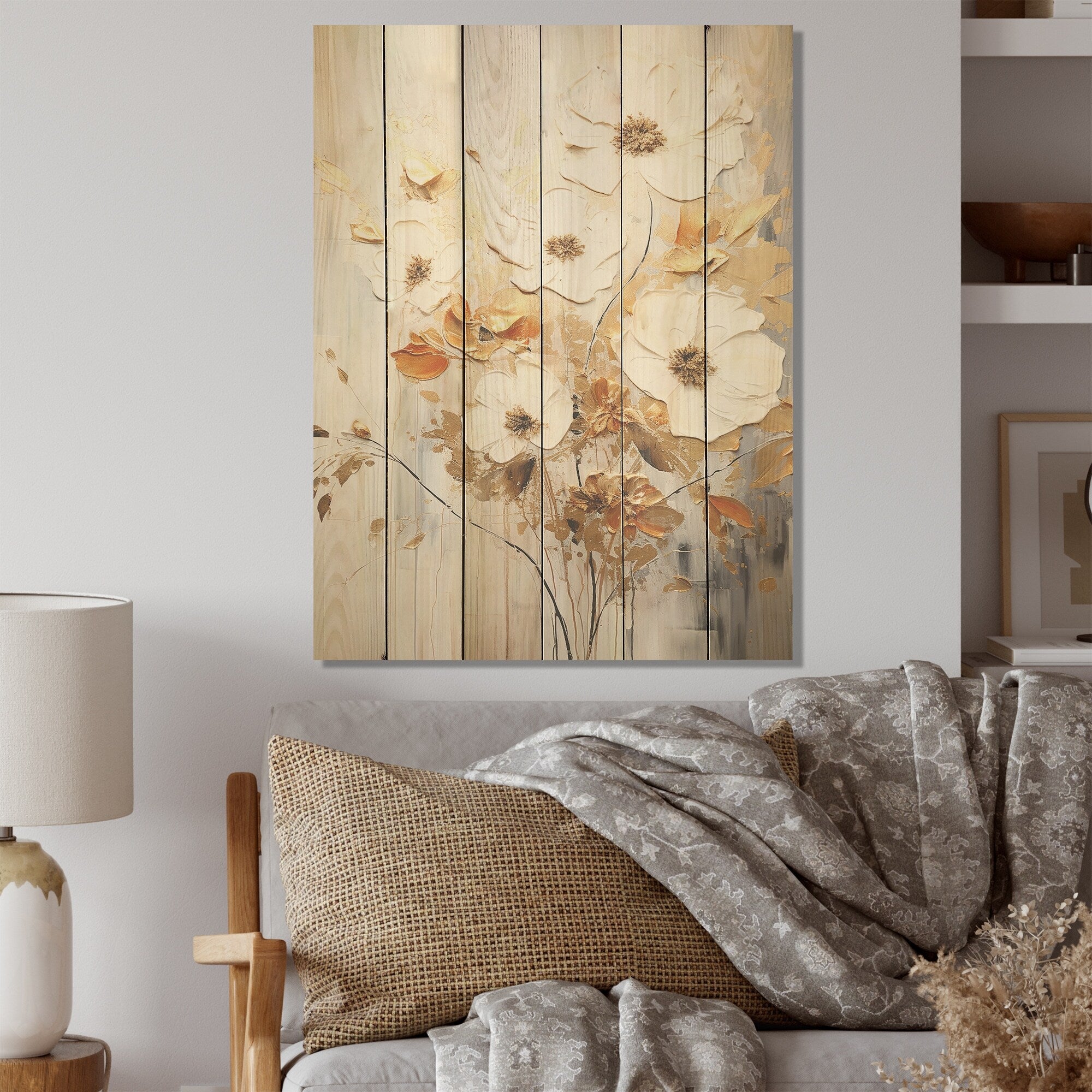 Designart Beige And Blue Seasonal Flowers Collage Seasonal Flowers Wall Art Beige Wood Panel On Natural Pine Wood