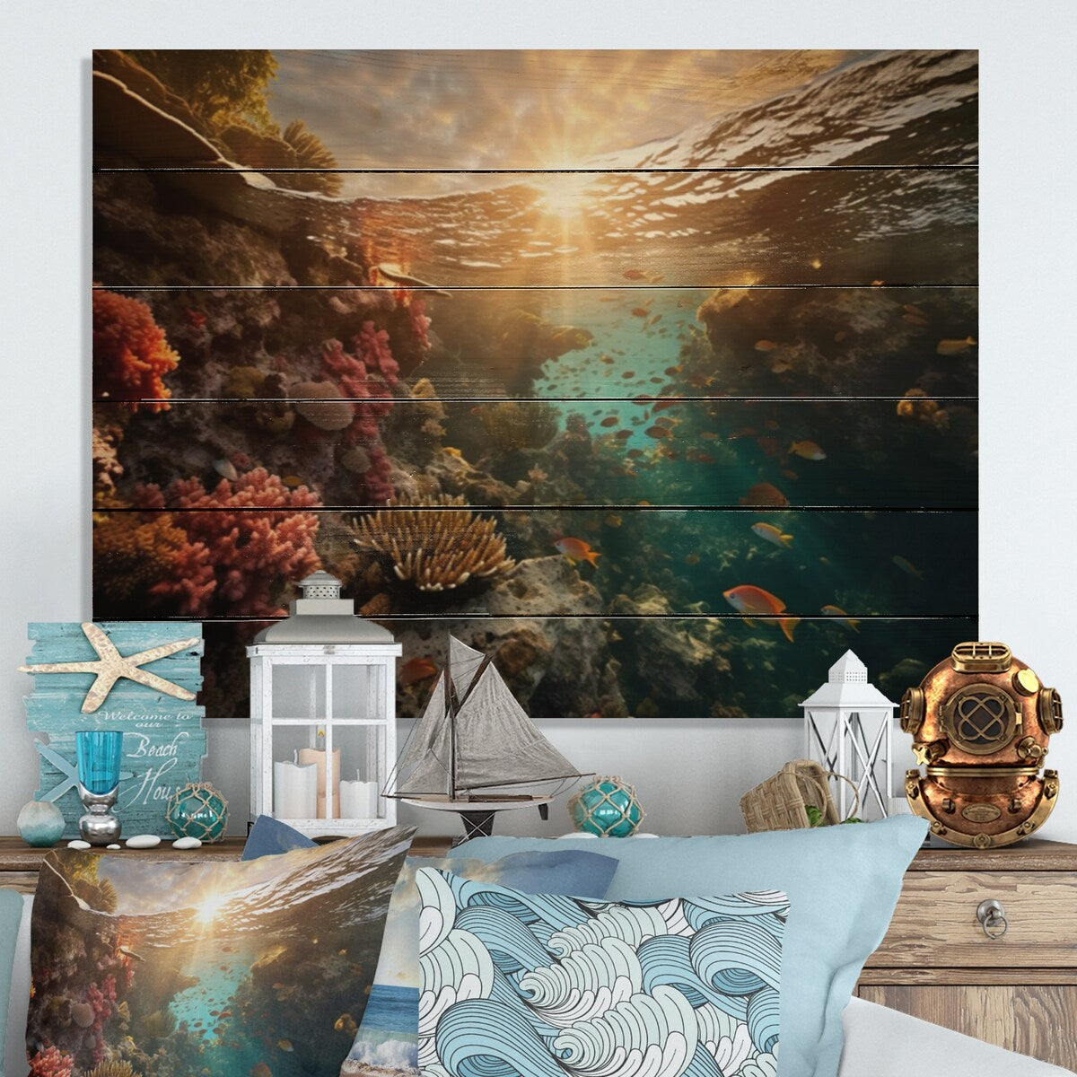 Designart Coastal Coral Beauty I Coastal Print on Natural Pine Wood