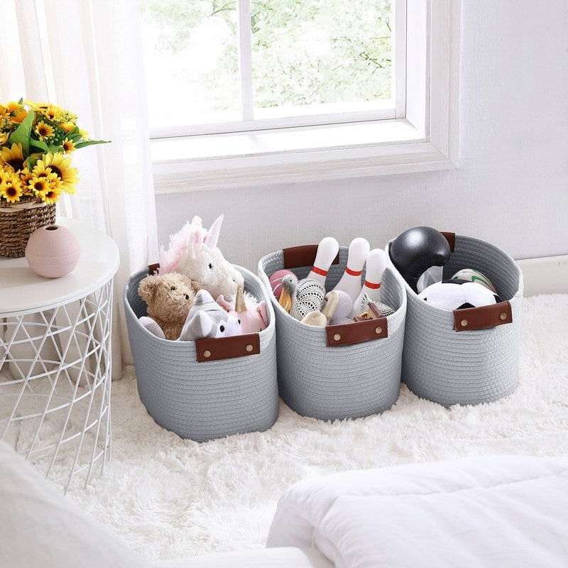 3 Pack Woven Cotton Rope Shelf Storage Basket with Leather Handles, Baby Nursery Storage Bin Organizers, Closet Shelf Storage