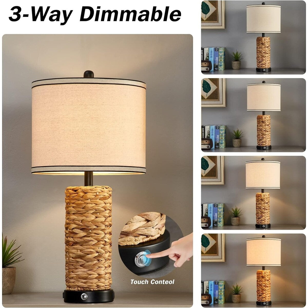 Table Lamps with 2 USB Charging Ports, 3 Ways Dimmable Touch Control Nightstand Bedside Lamps Bedroom Decor