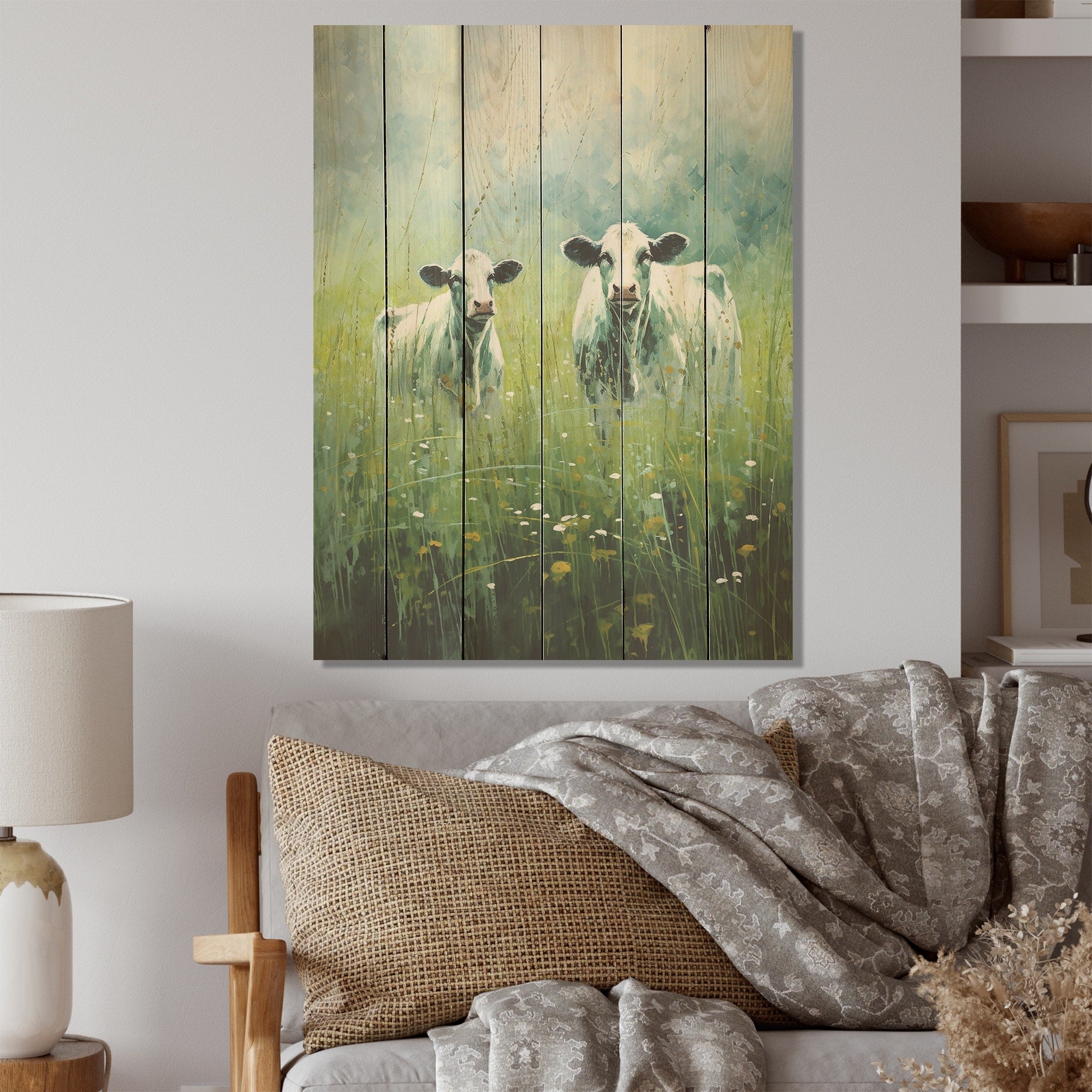 Designart Cow In Verdant Pastures Cow Wood Wall Decor - Modern Green Wood Panel On Natural Pine Wood