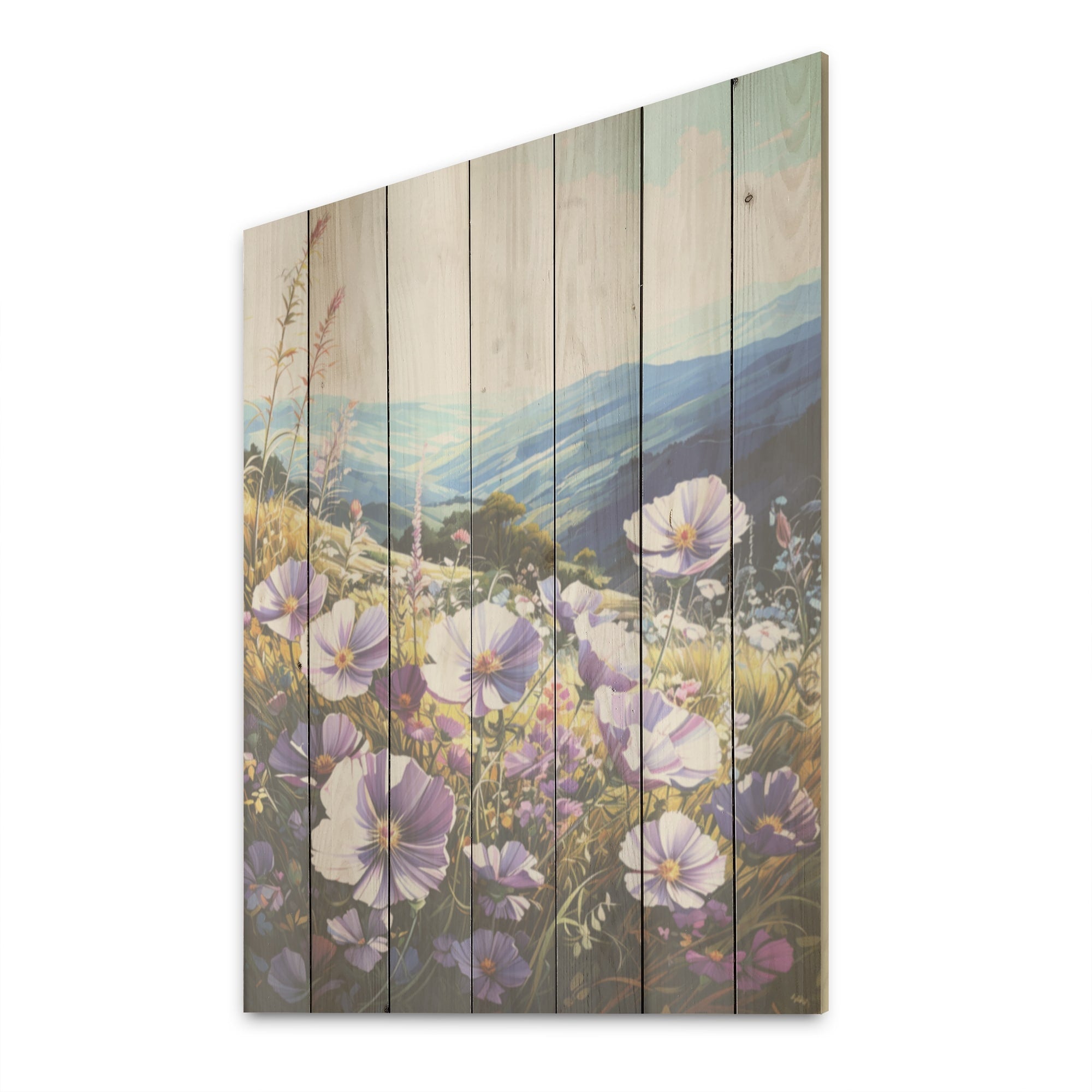 Designart Purple Flowers Morning Glory Hill Flowers Wood Wall Decor - Traditional Wood Panel On Natural Pine Wood