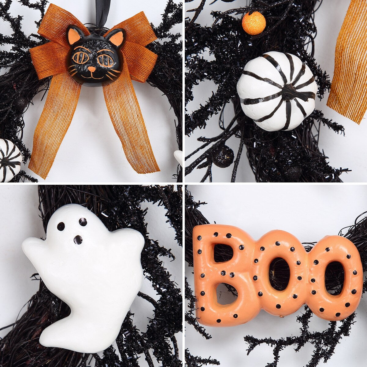 18Inch Halloween Wreath with Cat Boo Sign, Pumpkin, Ghost