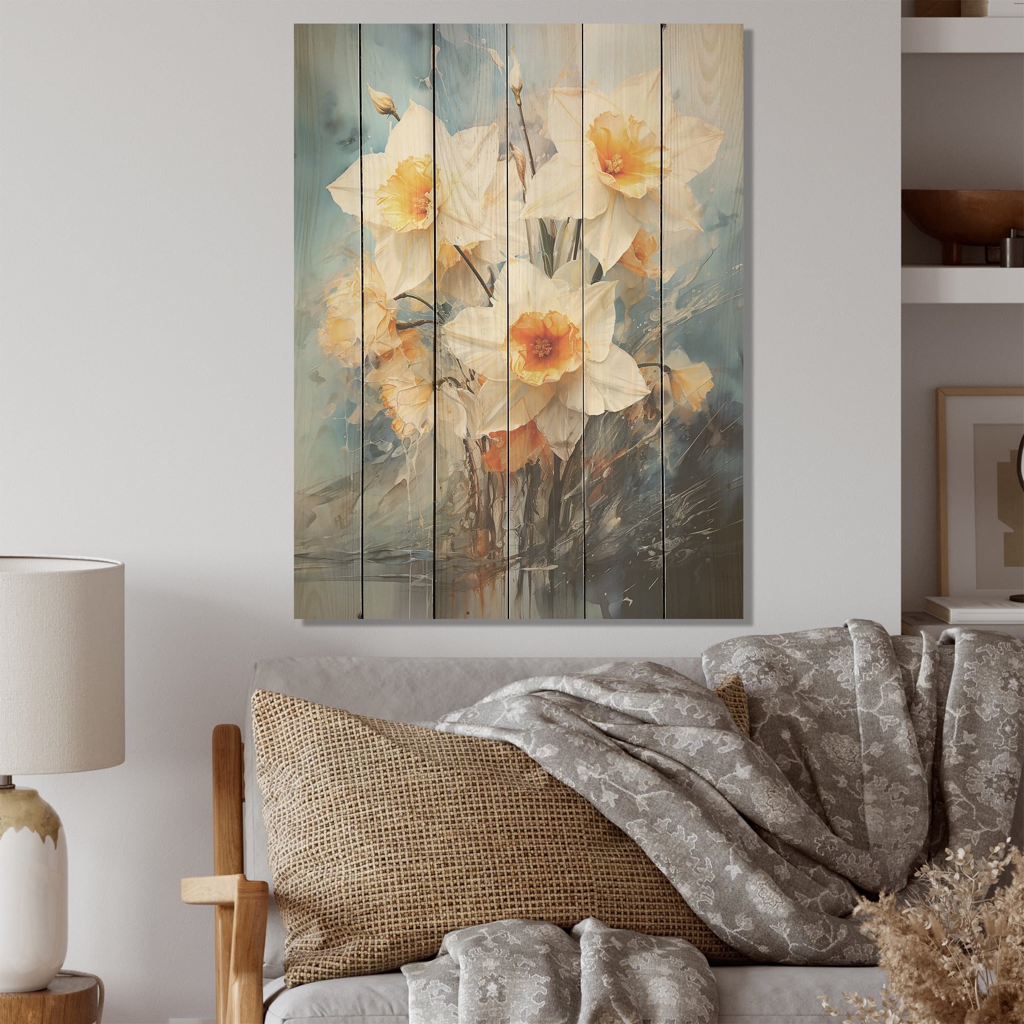 Designart Soft Neutrals Gray White Daffodils Bloom Daffodils Wood Wall Decor - Grey Wood Panel On Natural Pine Wood