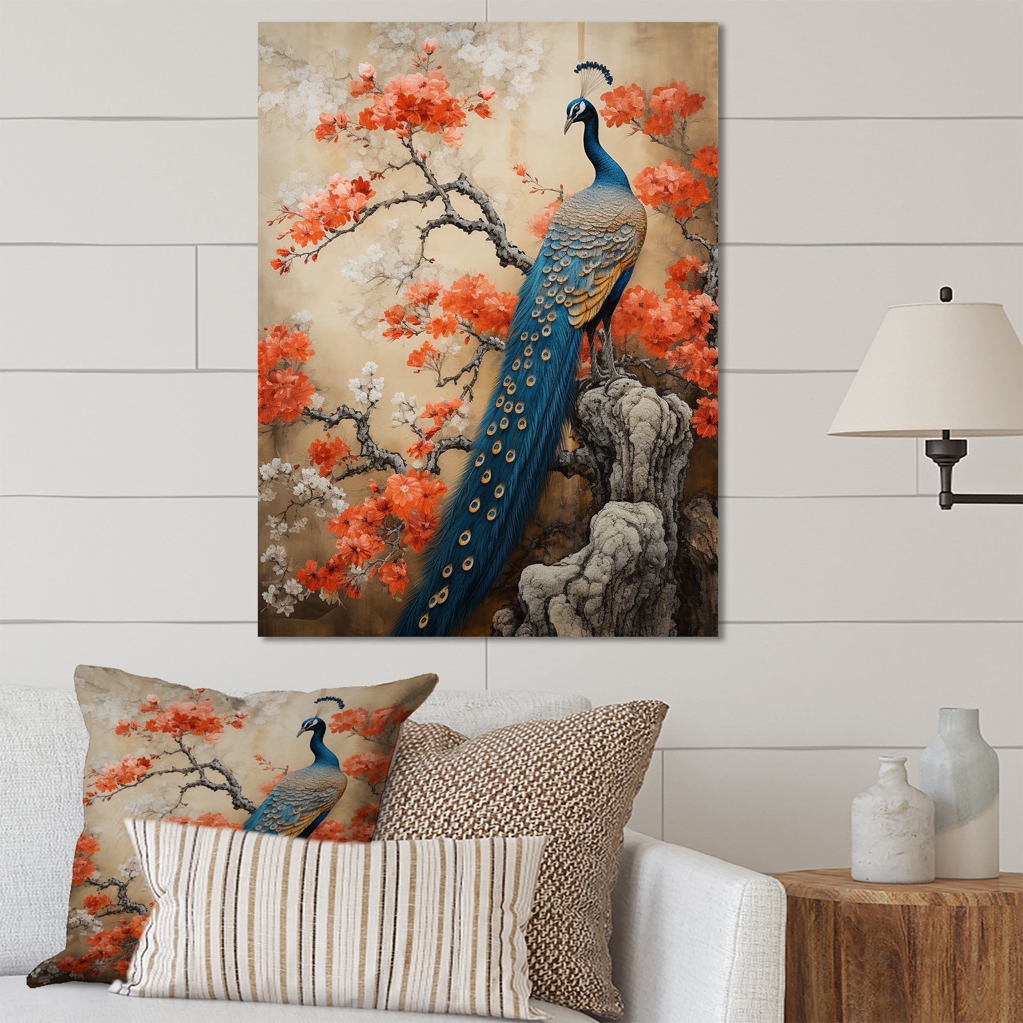 Designart Blue Japanese Royal Floral Peacock III Peacock Animal Metal Wall Art Blue Wall Décor Modern Metal Art Work