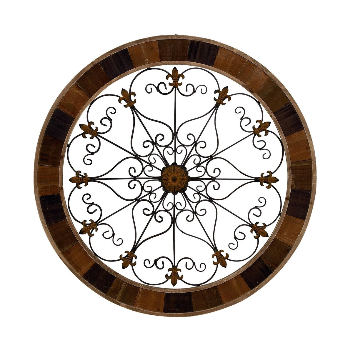 Wood Scroll Medallion Home Wall Decor with Metal Fleur-De-Lis Detail - Brown - Roche River Decor