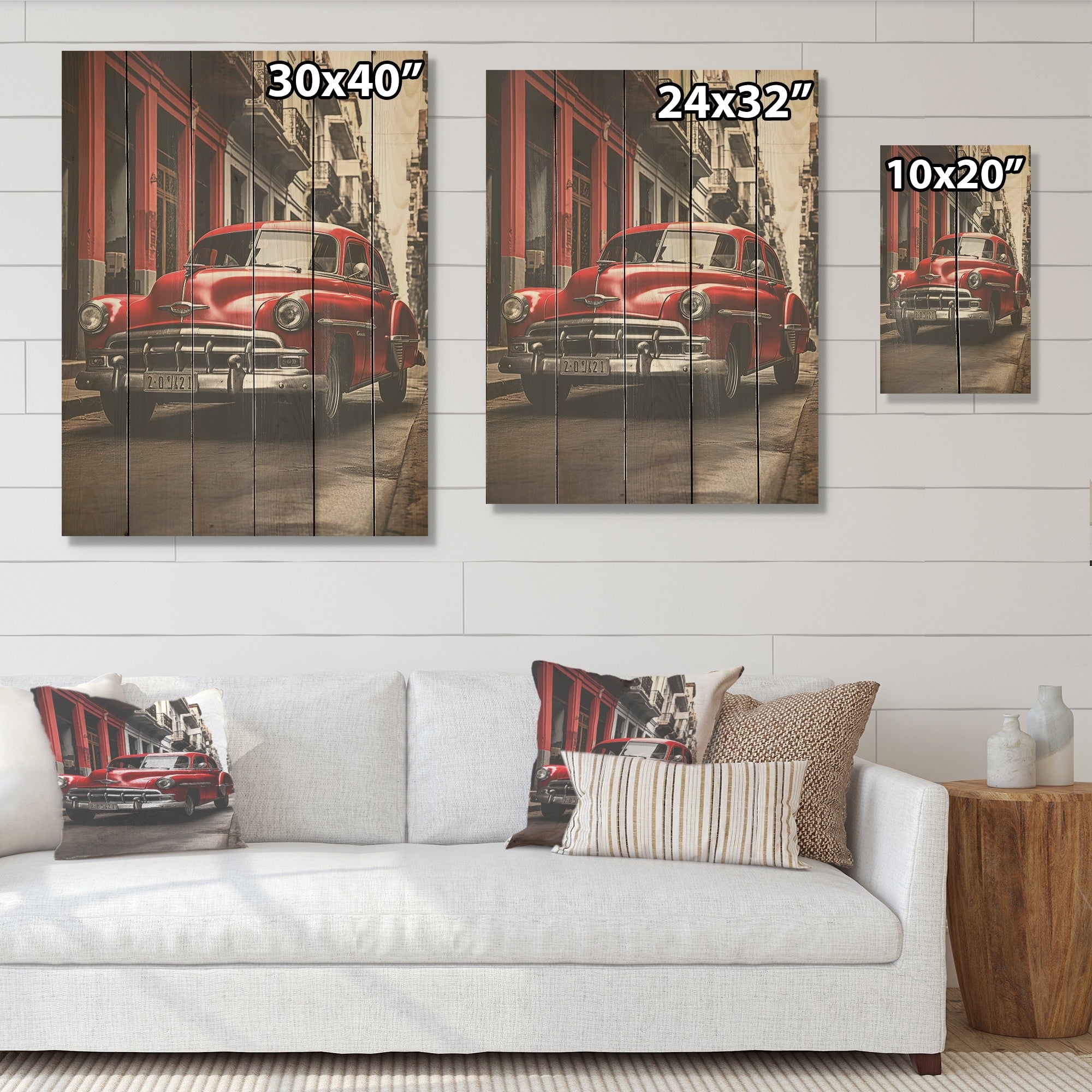 Designart Red Cuban Car Heritage Cuba Landscape Wood Wall Decor - Traditional Red Wood Panel On Natural Pine Wood