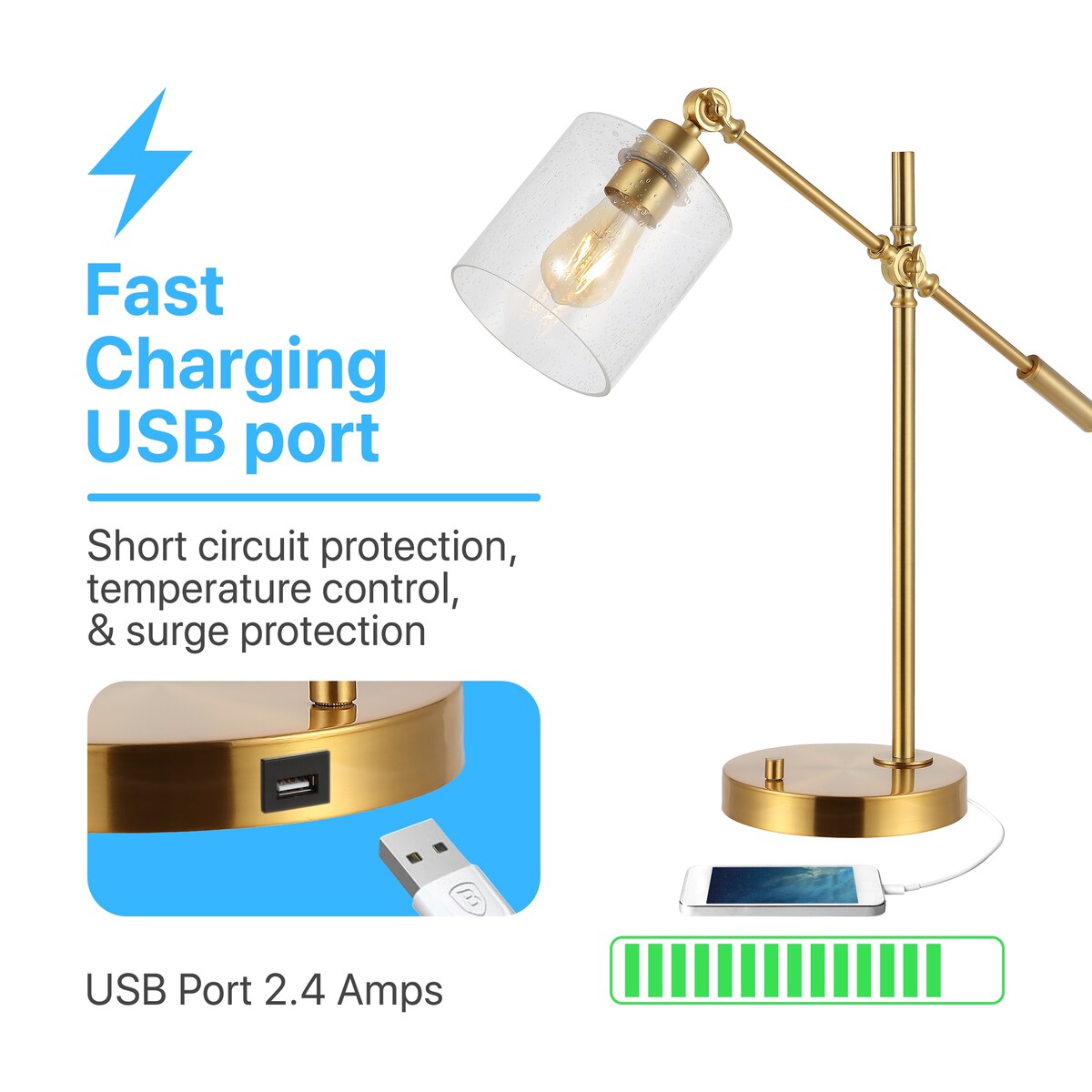 Jason Classic 23 Iron/Seeded Glass Adjustable Head Modern USB Charging LED Task Lamp, Brass Gold by JONATHAN Y - 1 Bulb