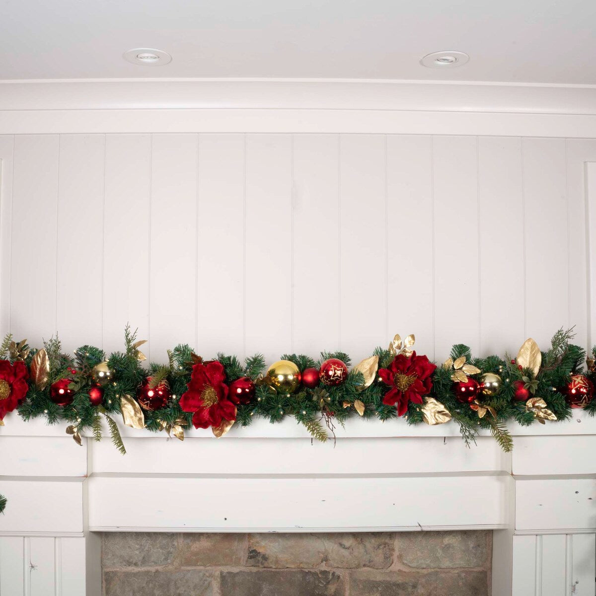 9 ft. Artificial Christmas Garland with Lights - Golden Leaf Red Magnolia - 9 Foot