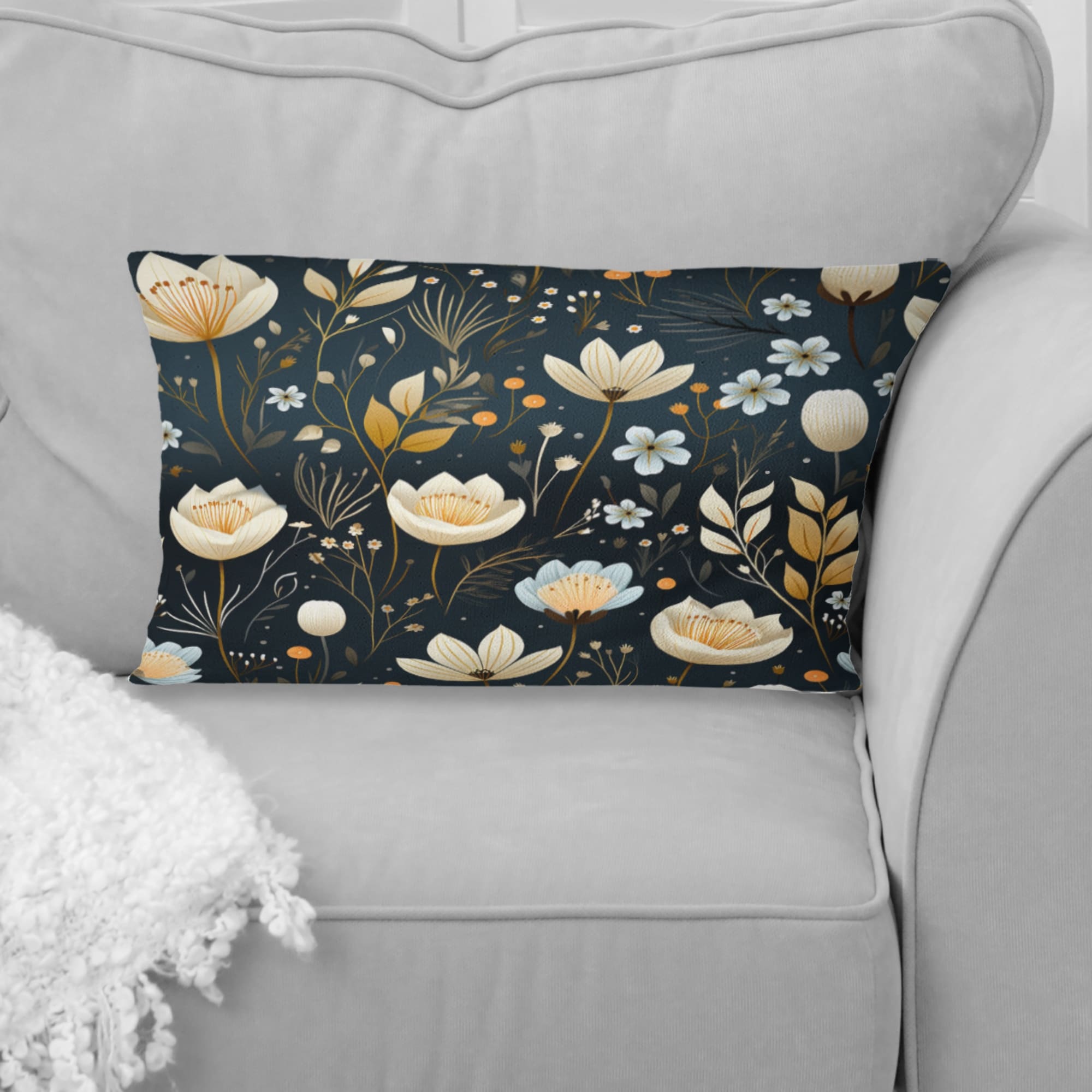 Designart Dark Blue And White Allure Daffodil Pattern III Floral Printed Throw Pillow