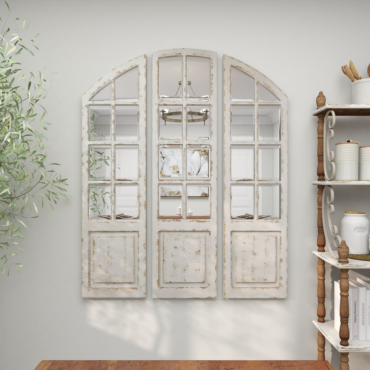 Wood Window Pane Inspired Room Wall Mirror with Arched Top and Distressing - Set of 3 White - Roche River Decor