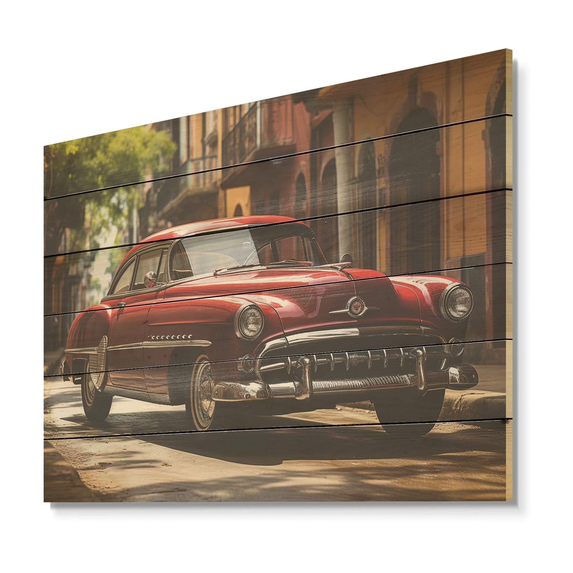 Designart Cuba Classic Iconic Car Cuba Landscape Wood Wall Decor - Traditional Red Wood Panel On Natural Pine Wood