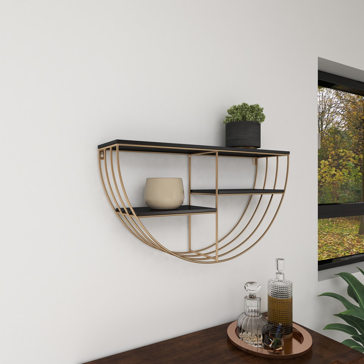 Wooden 3 Shelves Wall Shelf with Half Moon Shape - Gold - Roche River Decor