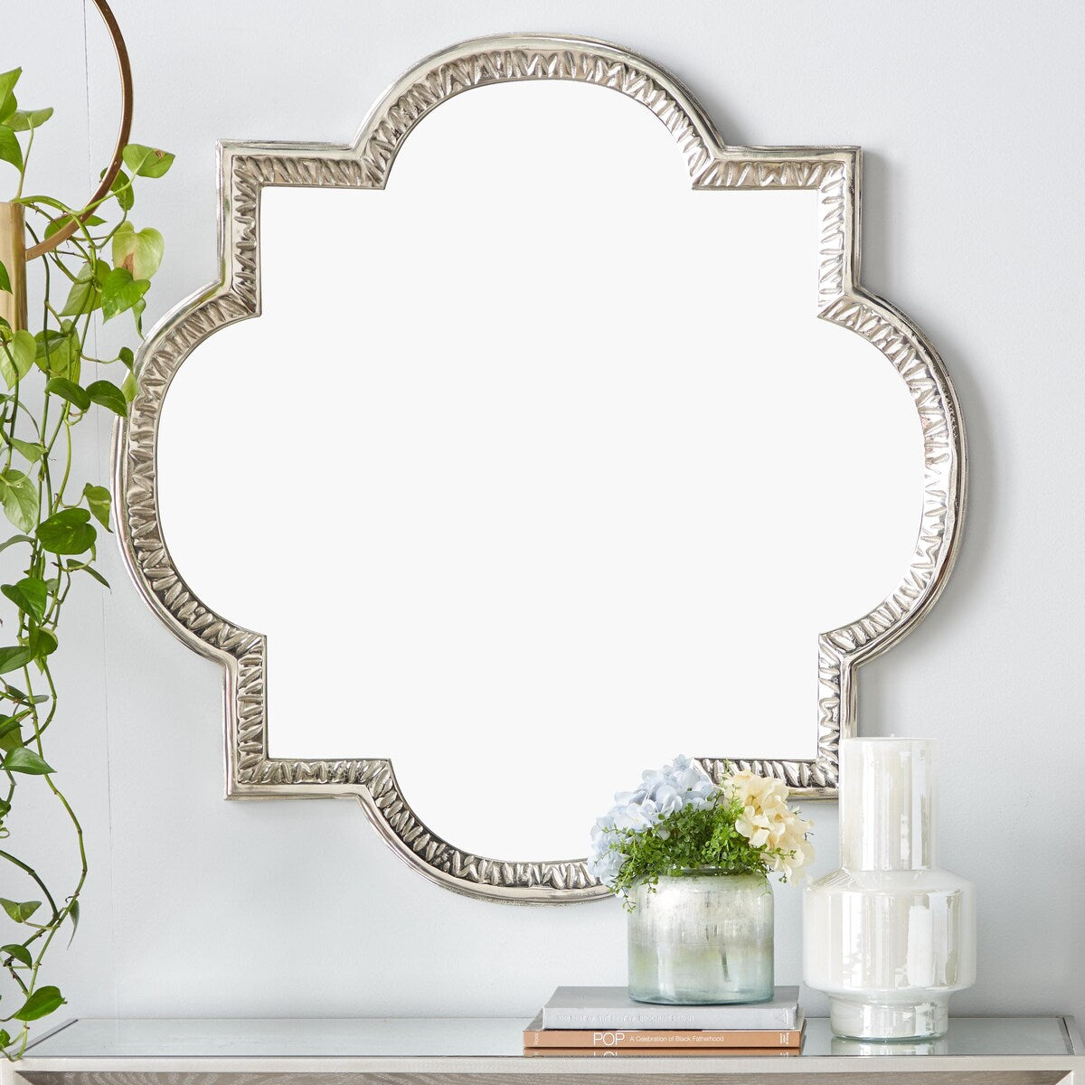 Aluminum Metal Quatrefoil Engraved Room Wall Mirror - Gray - Roche River Decor