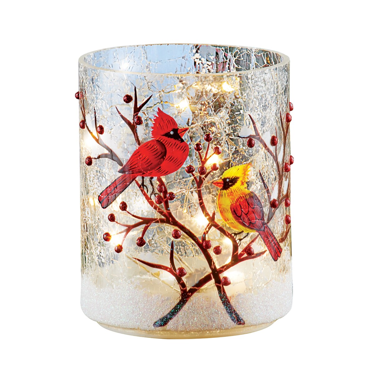 Hand Painted LED Lighted Cardinals Glass Tabletop Hurricane - Clear - NO SIZE