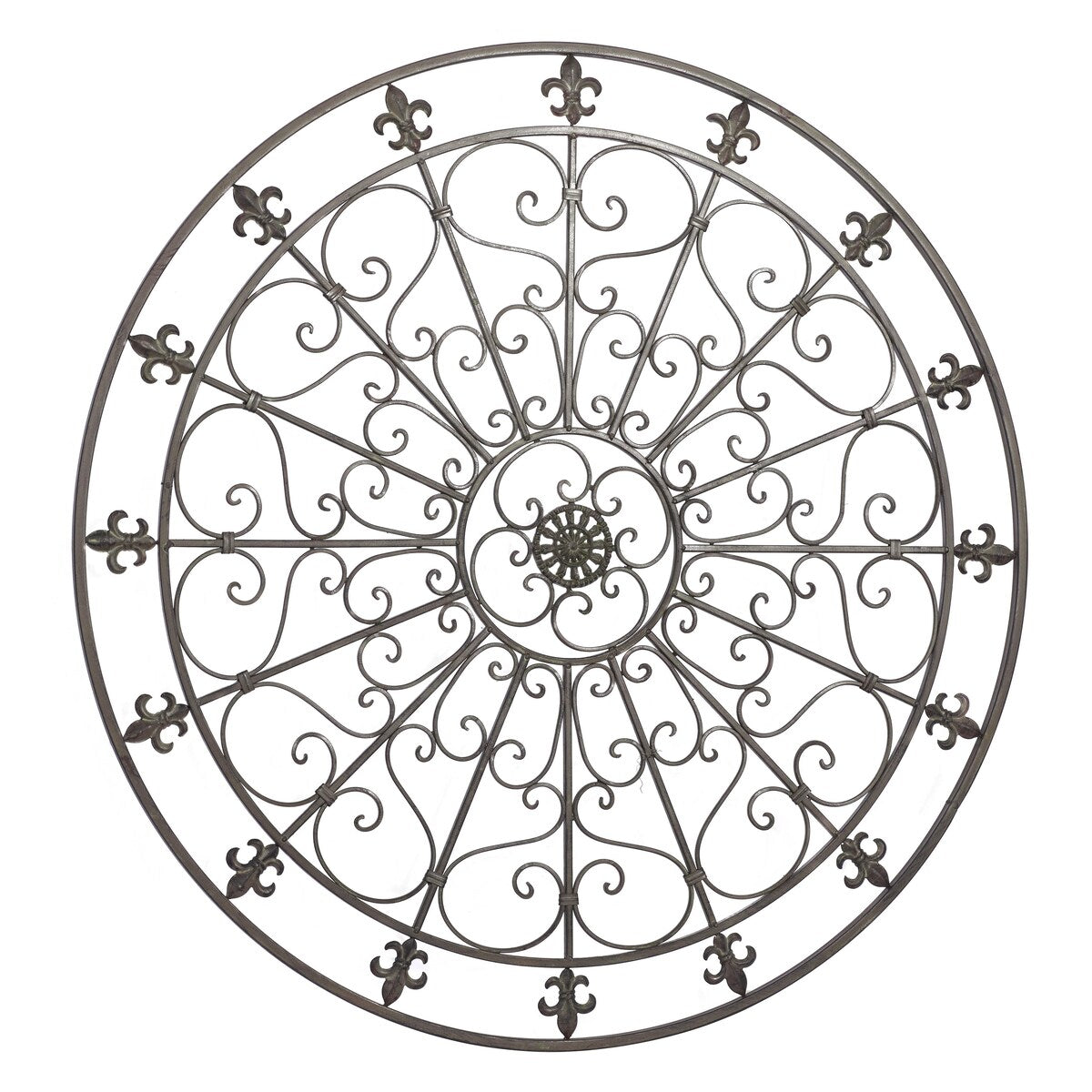 Metal Fleur De Lis Circle Home Wall Decor with Scrollwork - Black - Roche River Decor