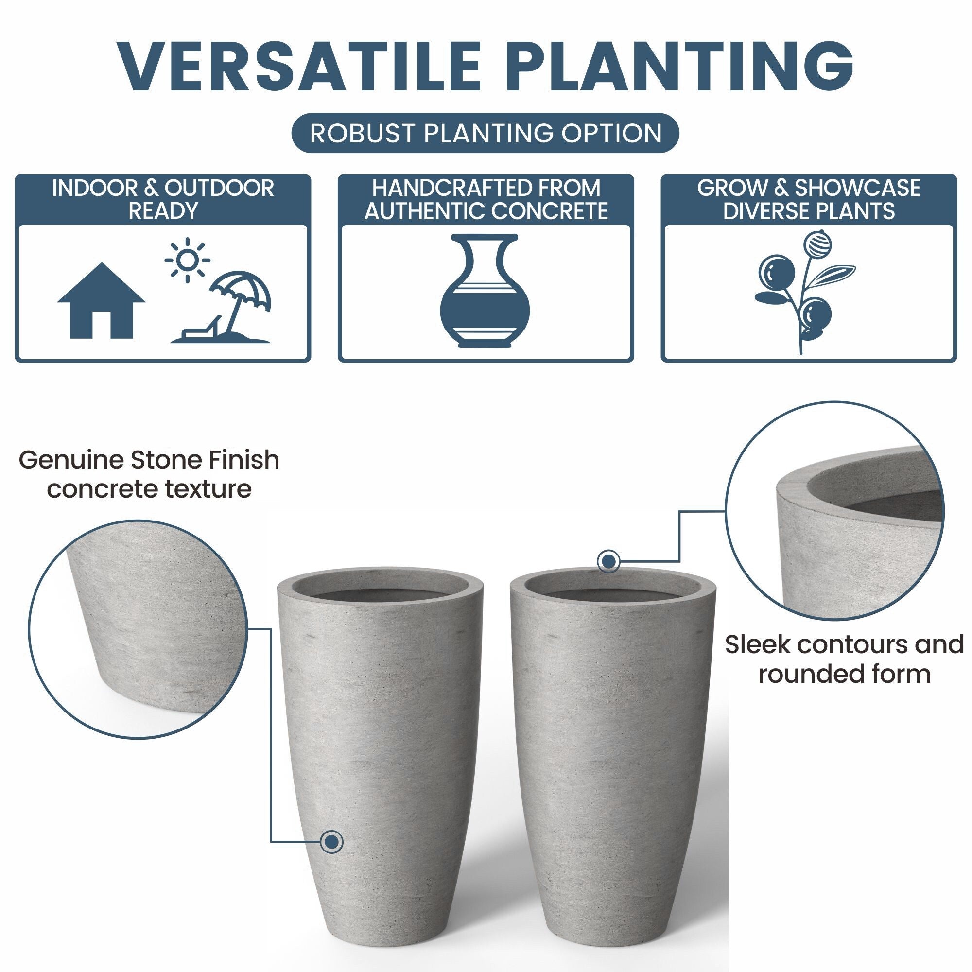 Tall Concrete Round Plant Pots / Large Indoor and Outdoor flower Planters