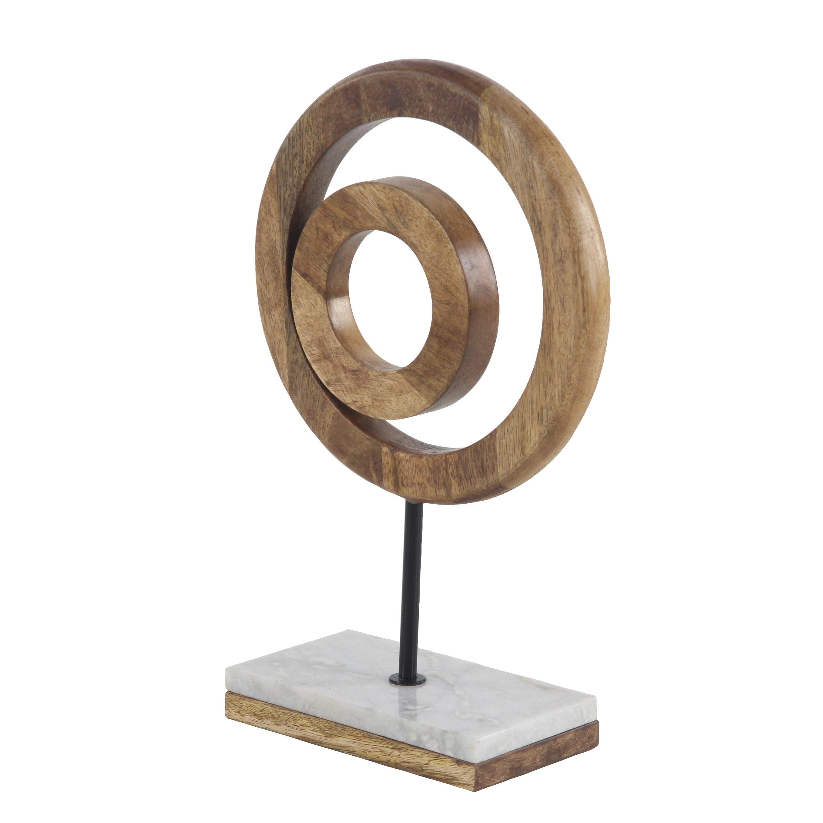 Mango Wood Geometric Circle Decorative Sculpture with Marble Stand - Brown - Roche River Decor