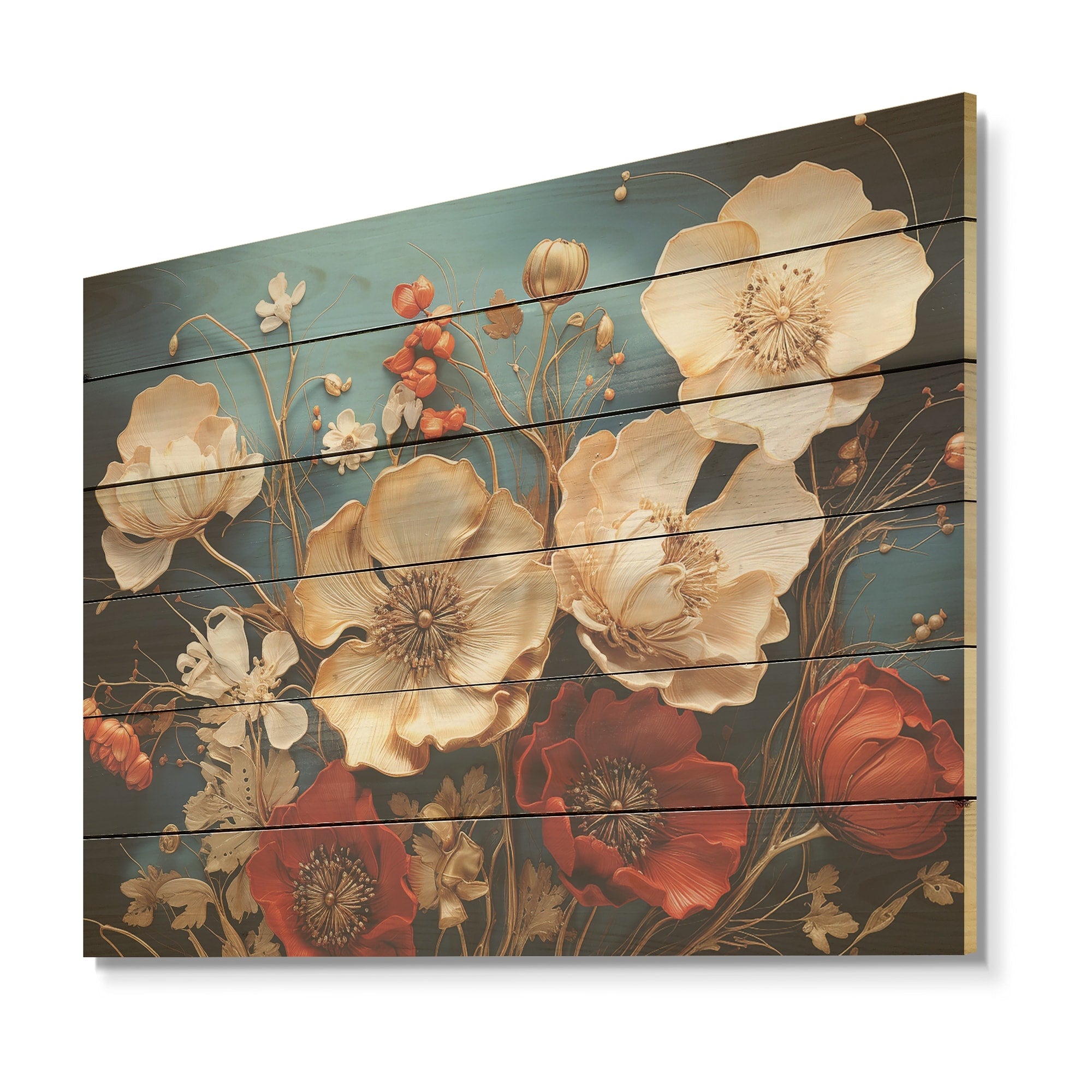 Designart Rememberance Poppies Flower Dreams I Flower Field Wood Wall Decor - Beige Wood Panel On Natural Pine Wood