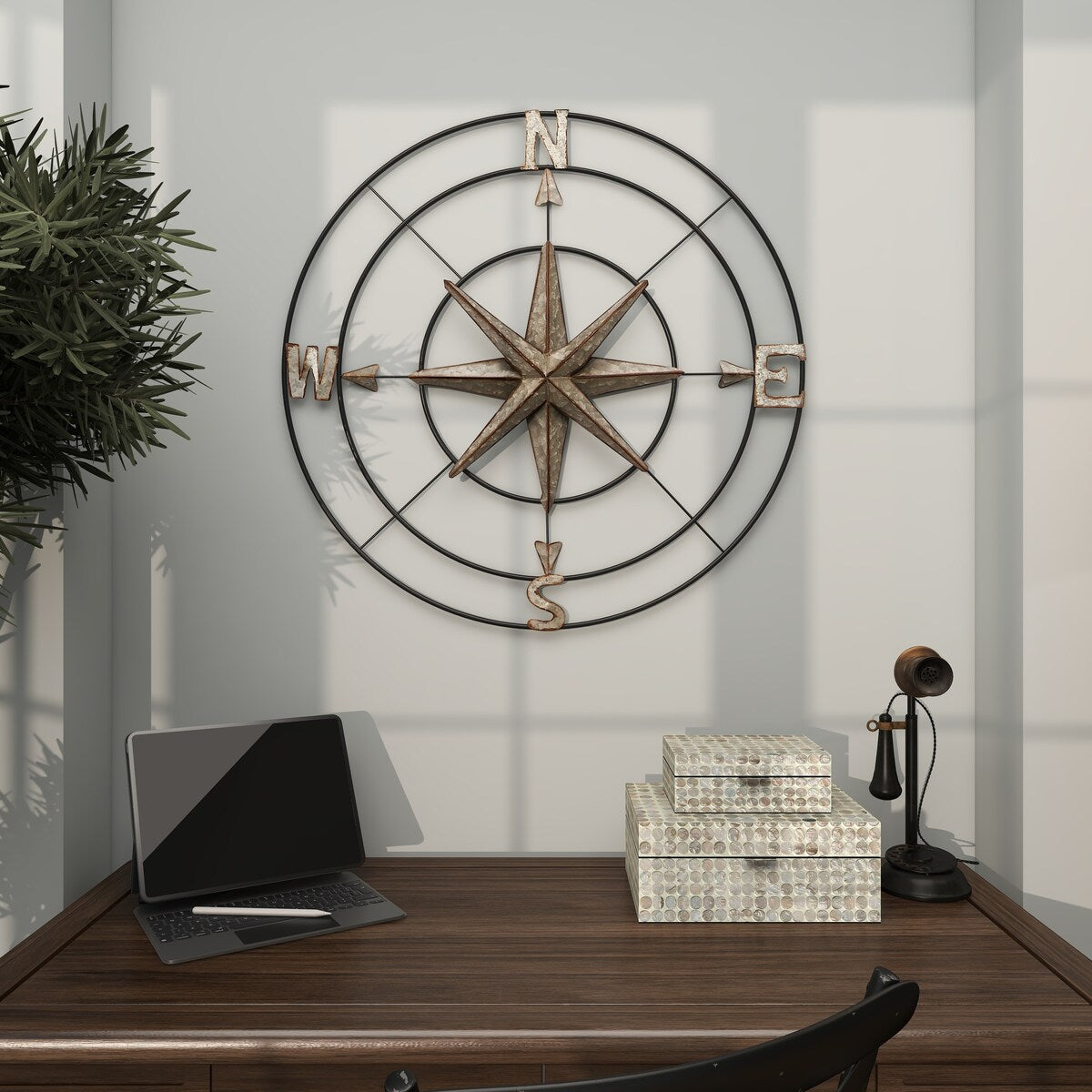 Metal Compass Indoor Outdoor Home Wall Decor with Distressed Copper Like Finish - Gray - Roche River Decor