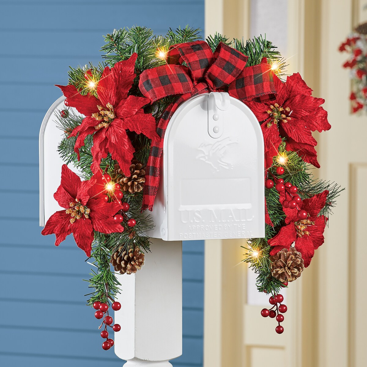 Solar Poinsettia Mailbox Swag with Buffalo Check Bow - 16.500 x 6.750 x 4.880