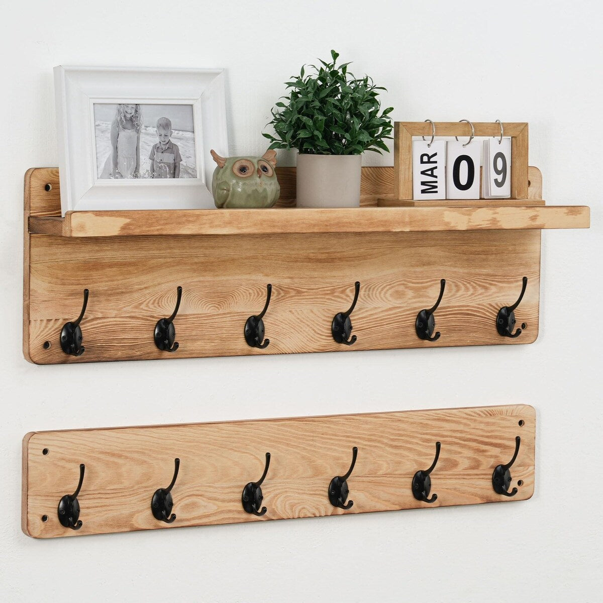 Solid Wood Wall 12 - Hook Coat Rack with Shelf