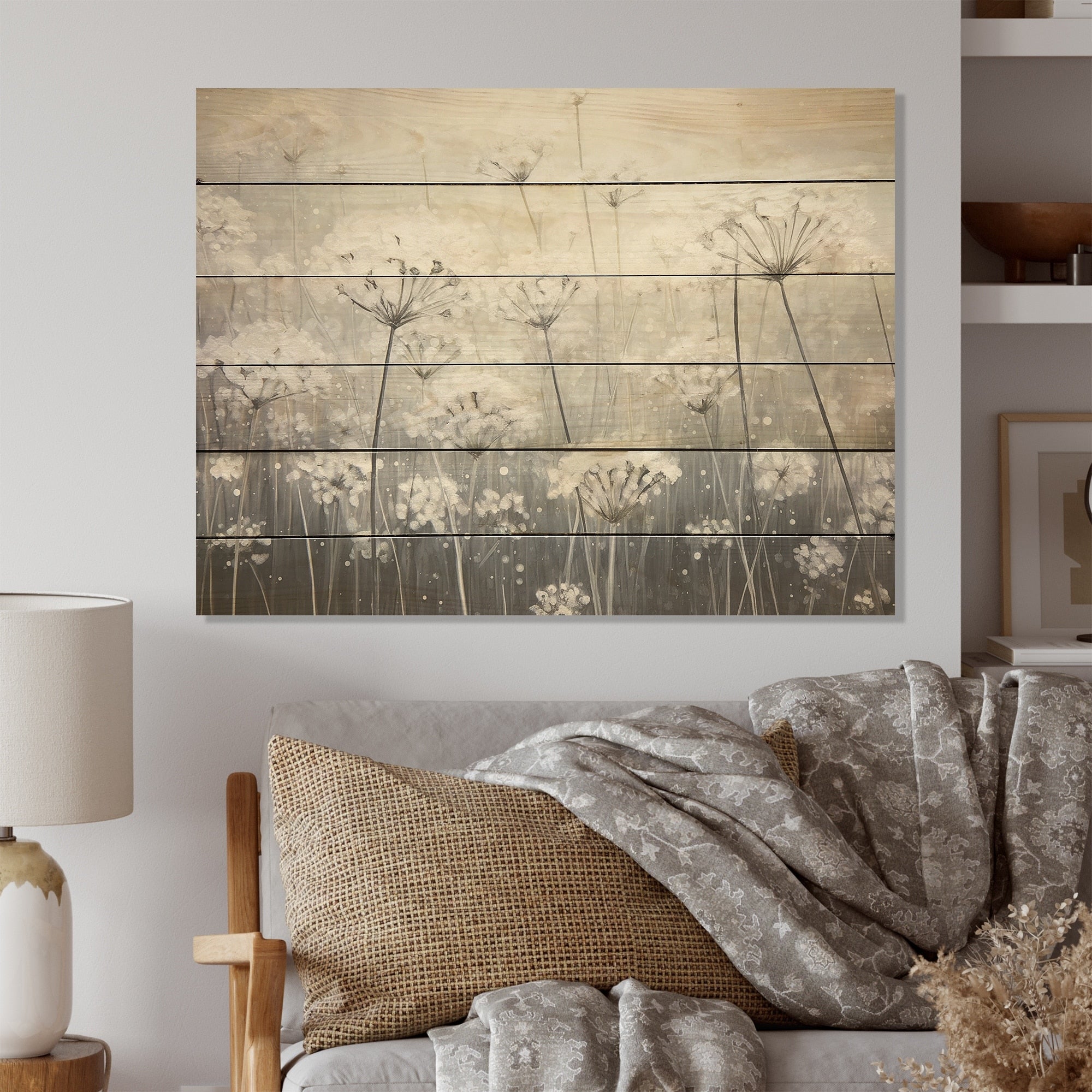 Designart Misty Opalescent Floral Field I Flower Wood Wall Decor - Traditional Grey Wood Panel On Natural Pine Wood