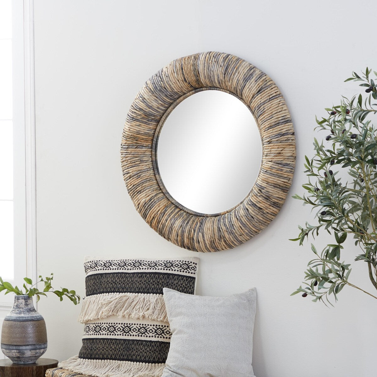 Banana Leaf Room Wall Mirror with Coiled Frame and Blue Accents - Gray - Roche River Decor