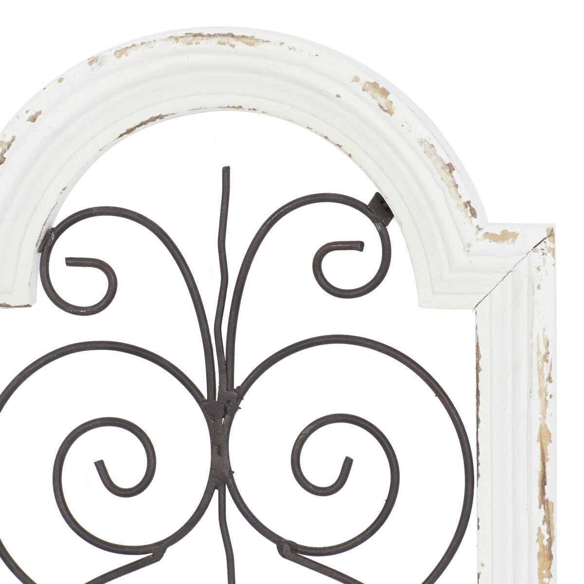 Wood Scroll Arched Window Inspired Home Wall Decor with Metal Scrollwork Relief - White - Roche River Decor