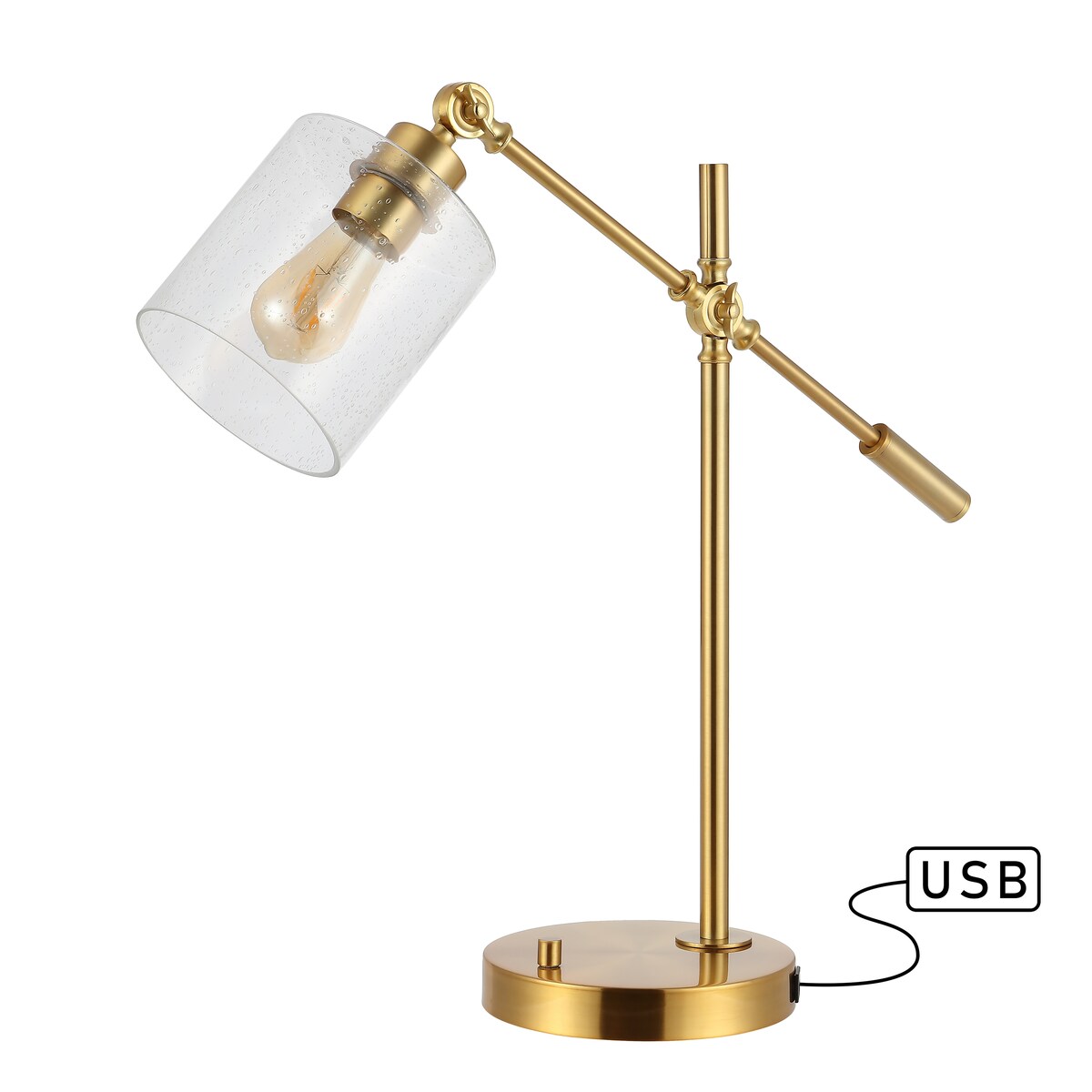 Jason Classic 23 Iron/Seeded Glass Adjustable Head Modern USB Charging LED Task Lamp, Brass Gold by JONATHAN Y - 1 Bulb