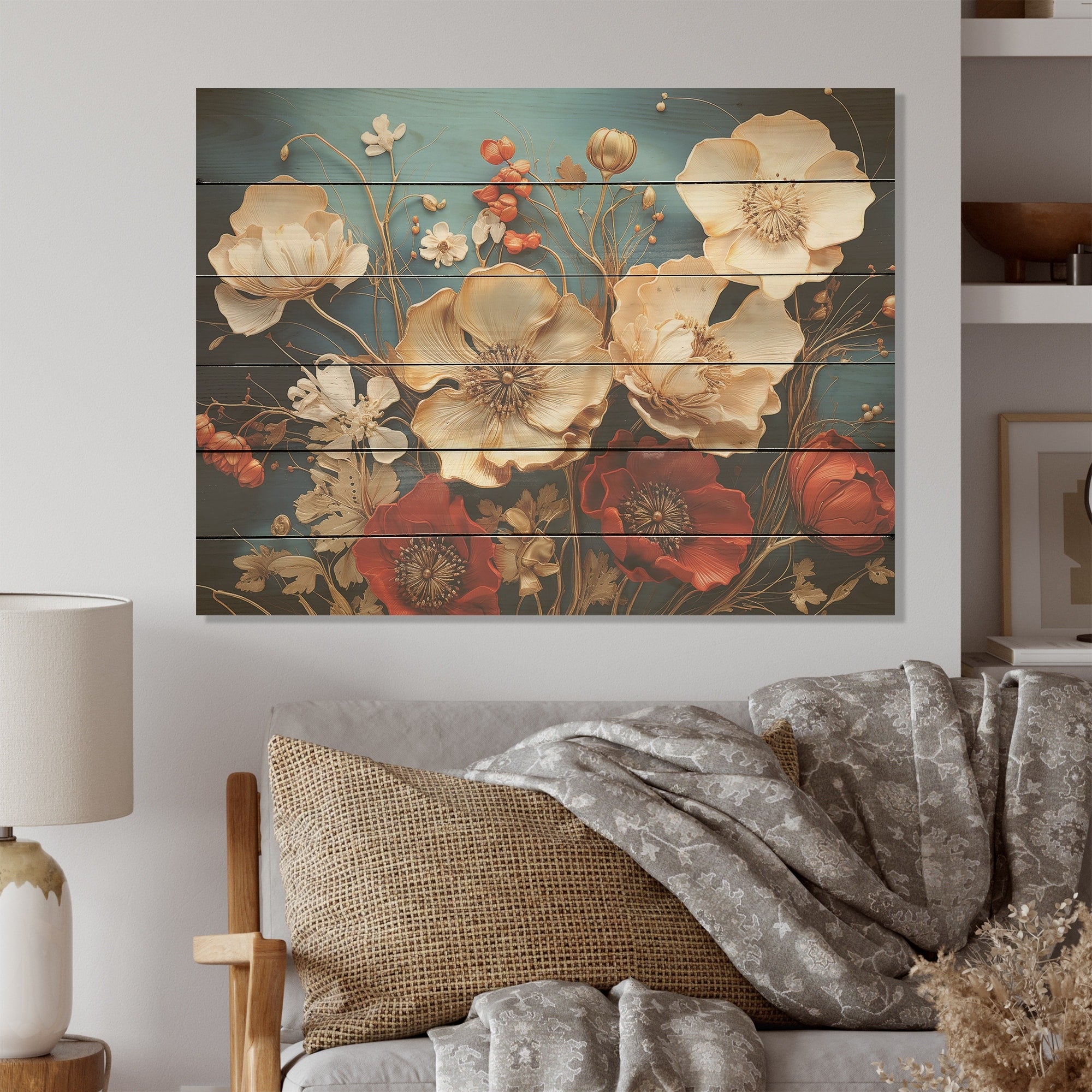 Designart Rememberance Poppies Flower Dreams I Flower Field Wood Wall Decor - Beige Wood Panel On Natural Pine Wood