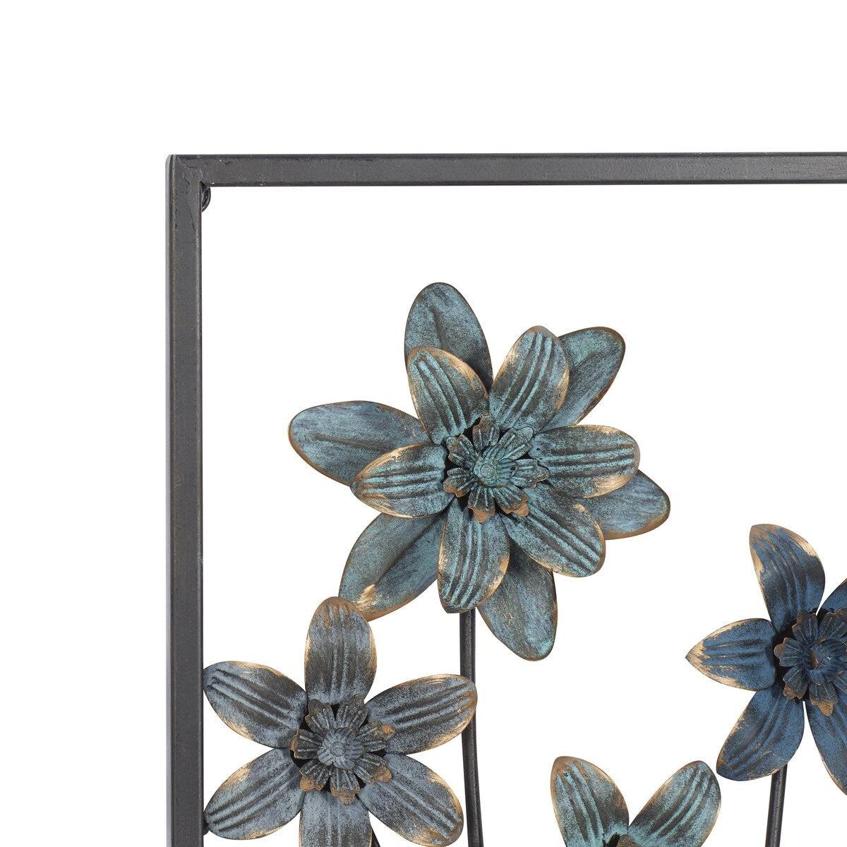 Metal Floral Home Wall Decor with Black Frames and Gold Accents - Set of 2 Teal - Roche River Decor