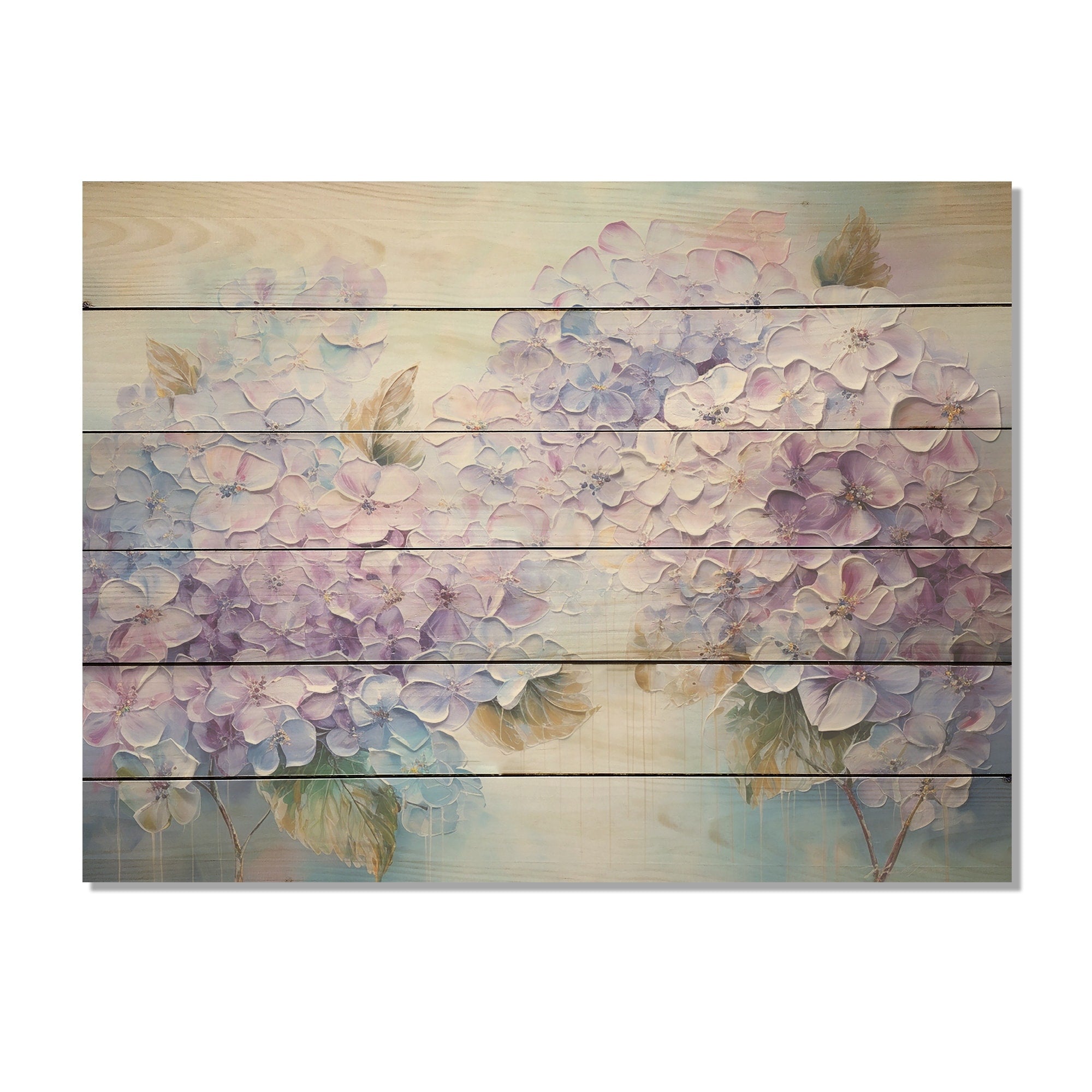 Designart Purple Hydrangea Paradise Flowers I Flower Field Wood Wall Decor - Purple Wood Panel On Natural Pine Wood