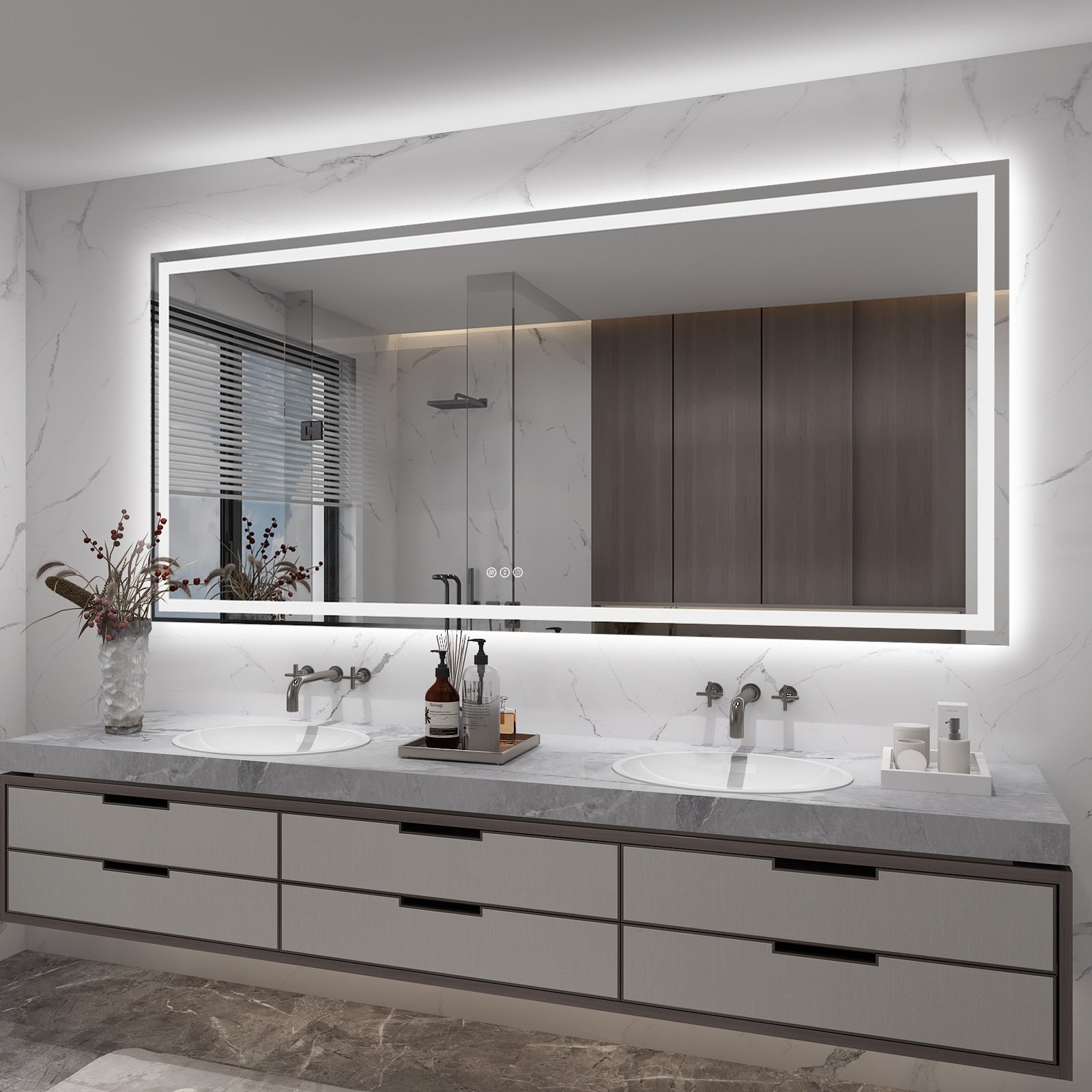 Apmir Full Size Frameless Front and Back LED Lighted Bathroom Vanity Mirror Anti-Fog in Tempered Glass & ETL