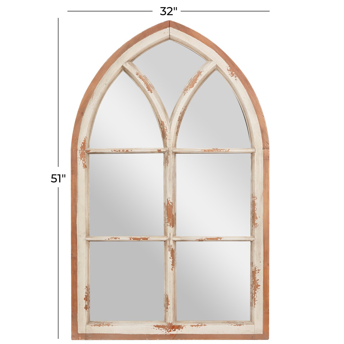 Wood Window Pane Inspired Room Wall Mirror with Arched Top and Distressing - White - Roche River Decor