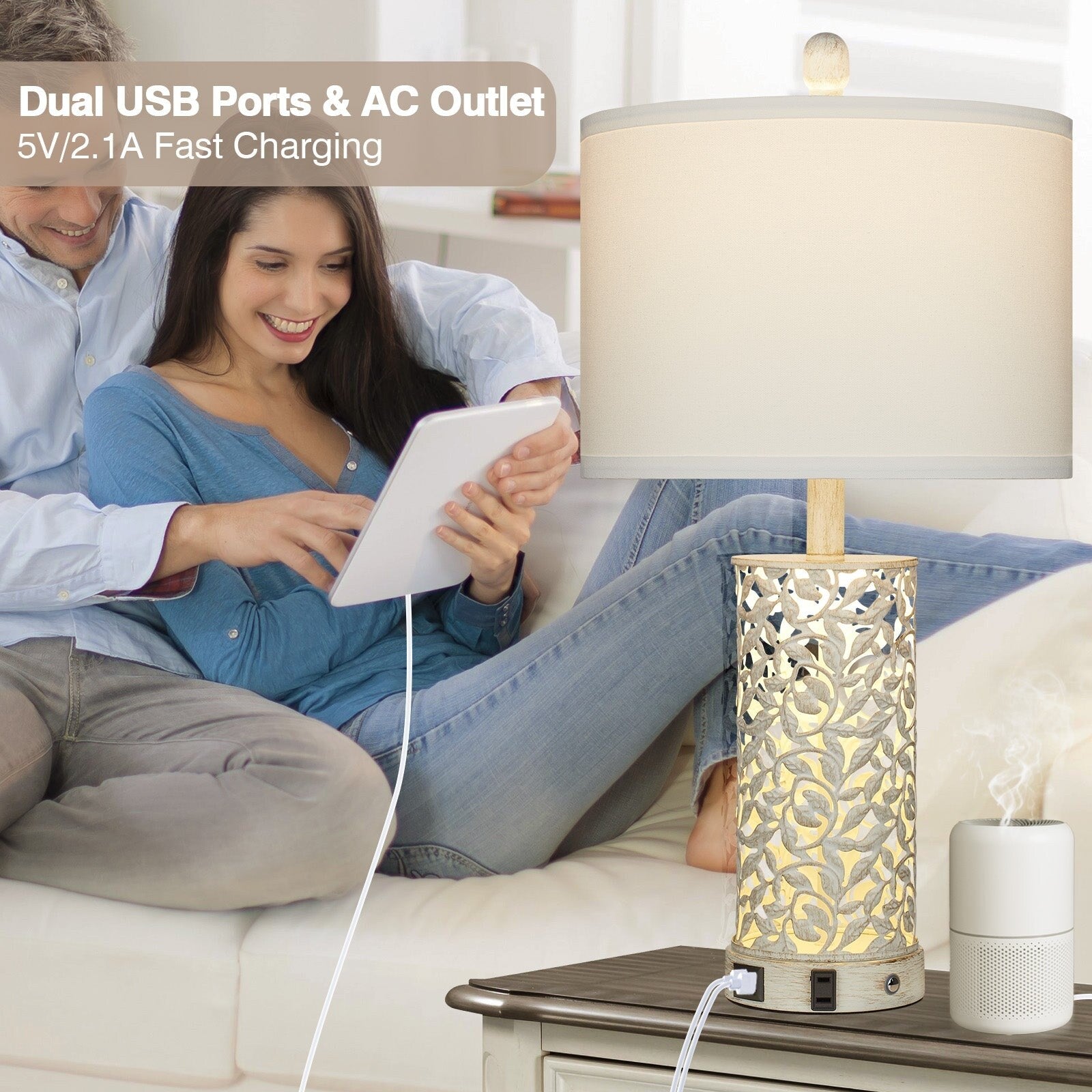 Table Lamps Nightlight 2in1 White with Gold Metal USB Ports AC Outlet Touch Switch(Set of 2)