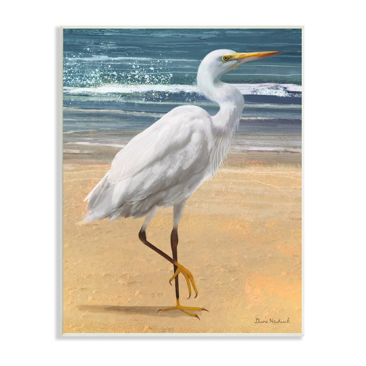 Stupell White Heron Bird Standing Beach Shoreline Waves Wood Wall Art, Design by Diane Neukirch - Multi-Color